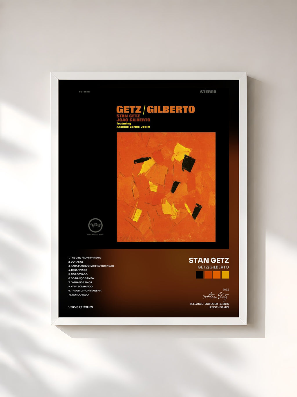 #blanc Tableau de l'album Getz/Gilberto de Stan Getz, cadre blanc, imprimé et encadré en France