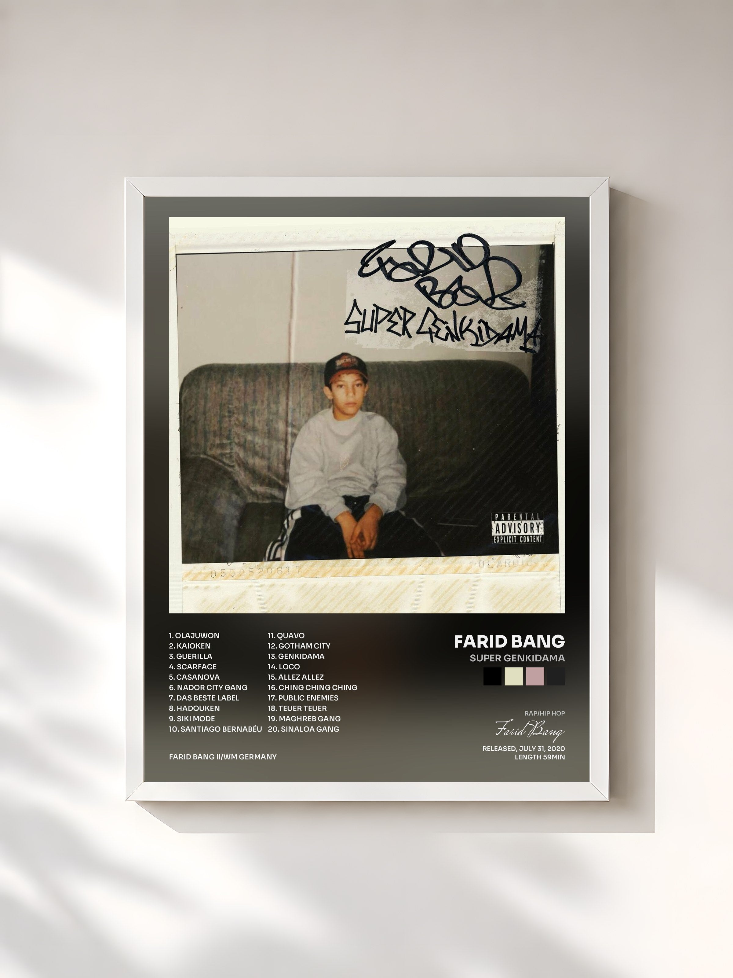 #blanc Tableau de l'album Super Genkidama de Farid Bang, cadre blanc, imprimé et encadré en France