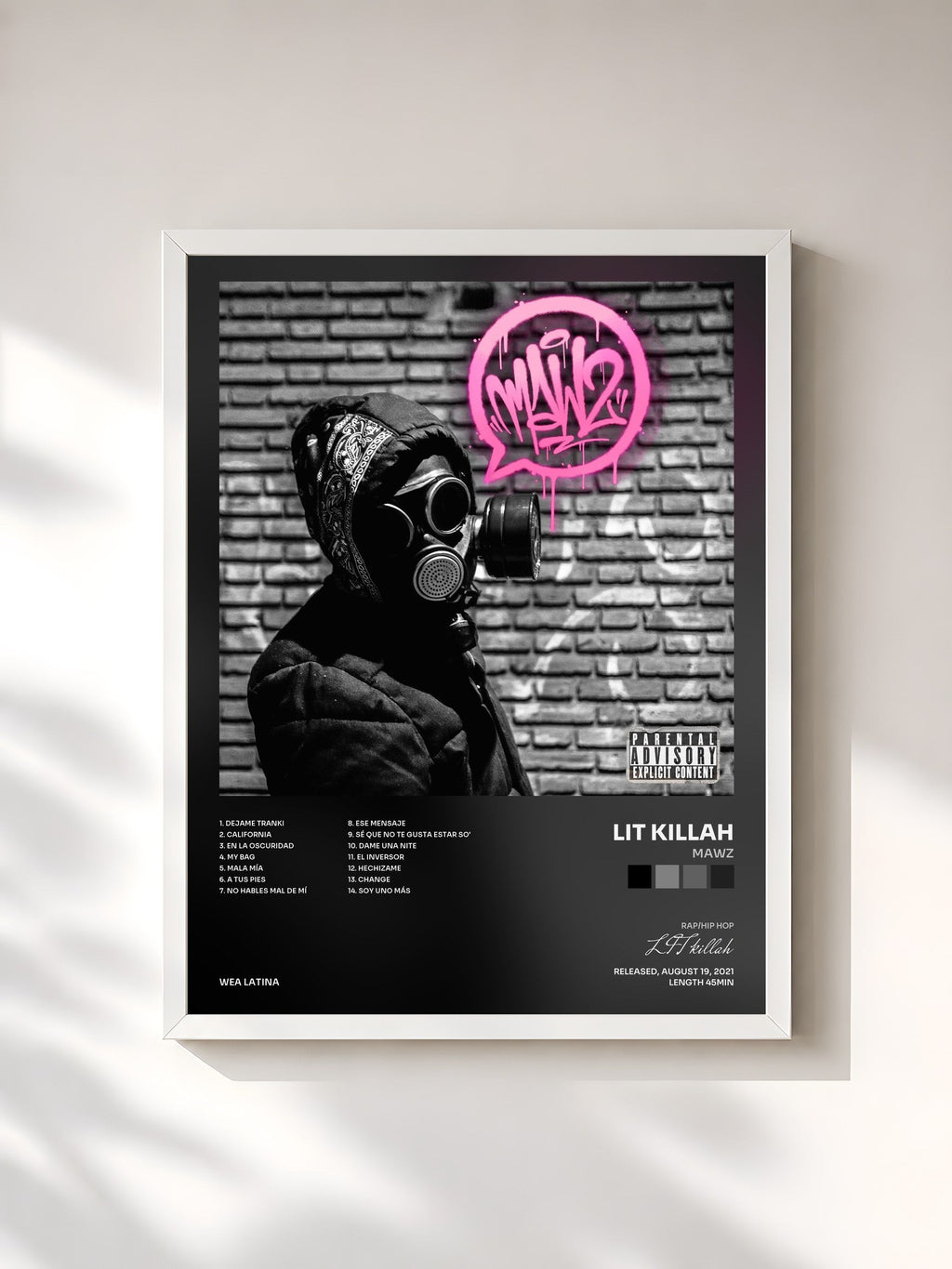 #blanc MAWZ de LIT killah en lámina enmarcada, marco blanco, impresa y enmarcada en Francia