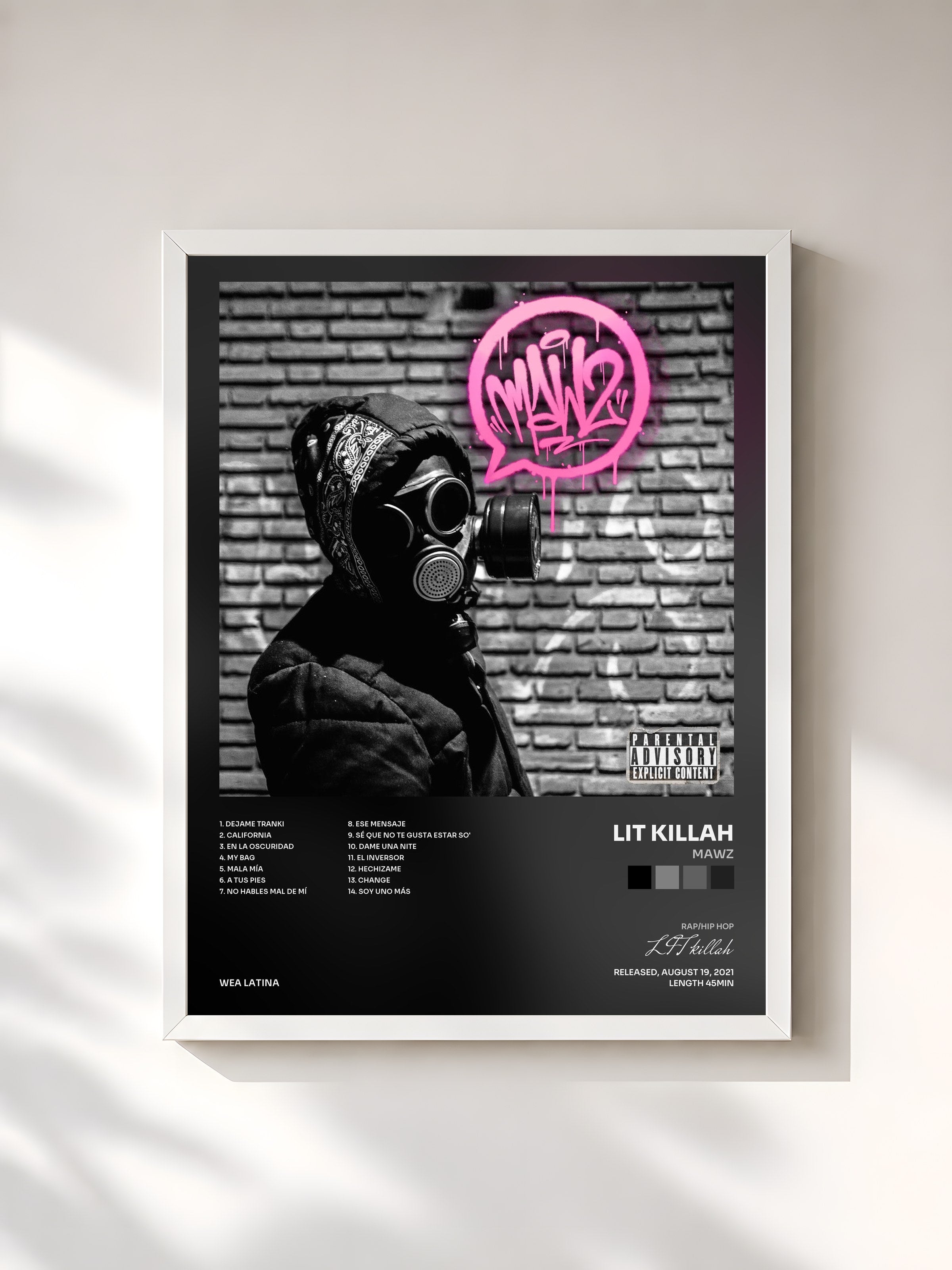 #blanc Tableau de l'album MAWZ de LIT killah, cadre blanc, imprimé et encadré en France