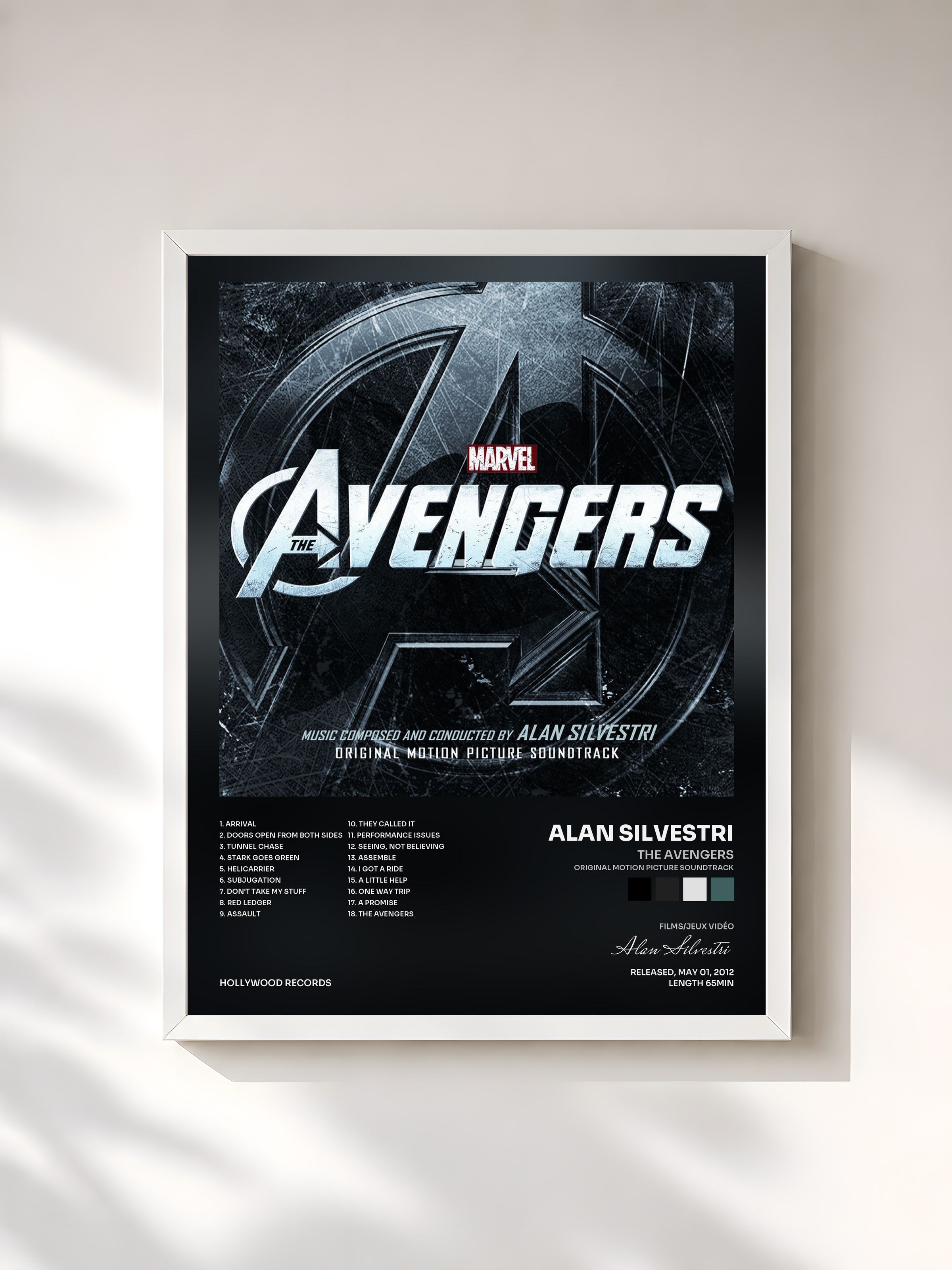 #blanc Tableau de l'album The Avengers (Original Motion Picture Soundtrack) de Alan Silvestri, cadre blanc, imprimé et encadré en France