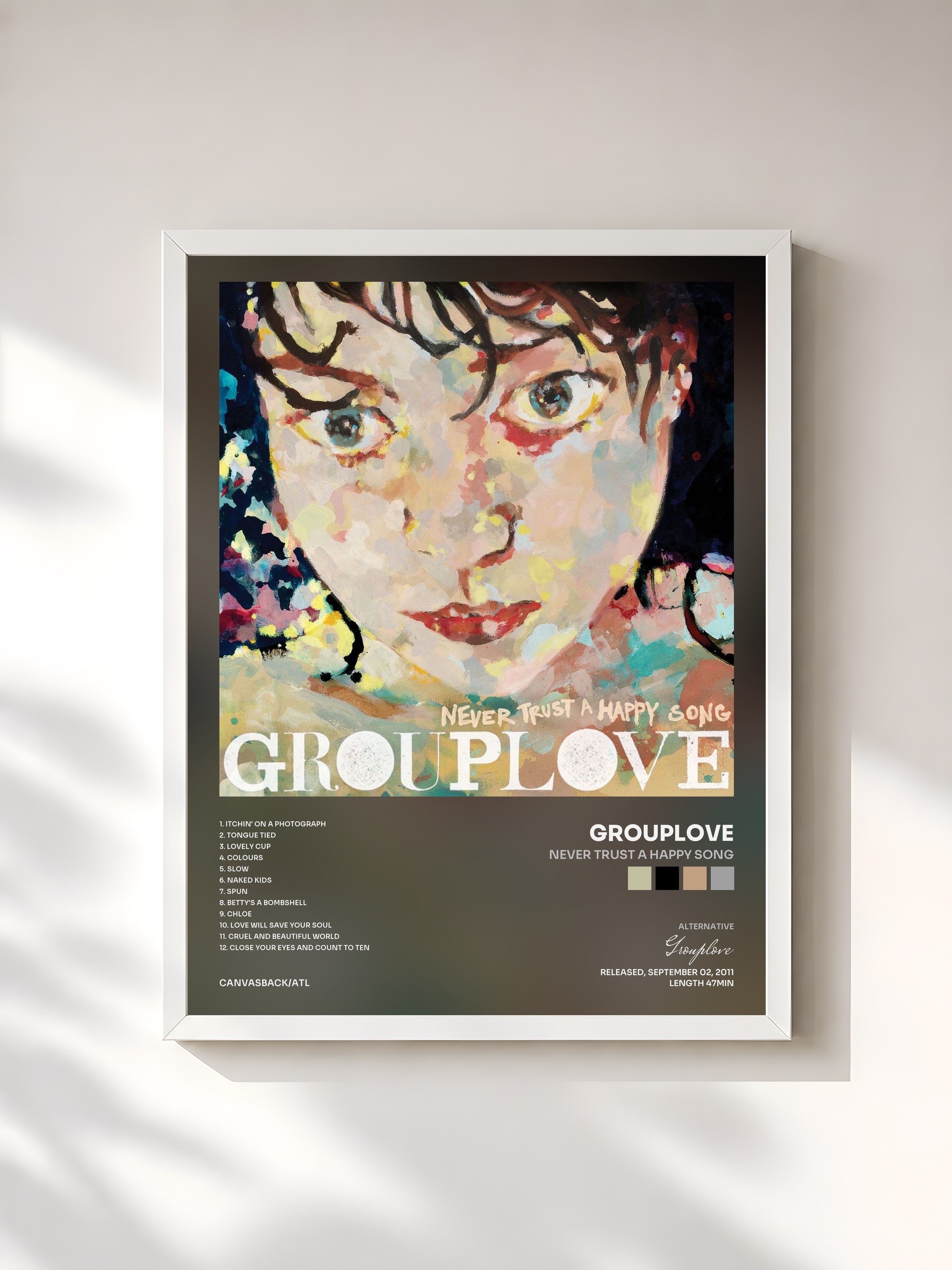 #blanc Tableau de l'album Never Trust a Happy Song de Grouplove, cadre blanc, imprimé et encadré en France