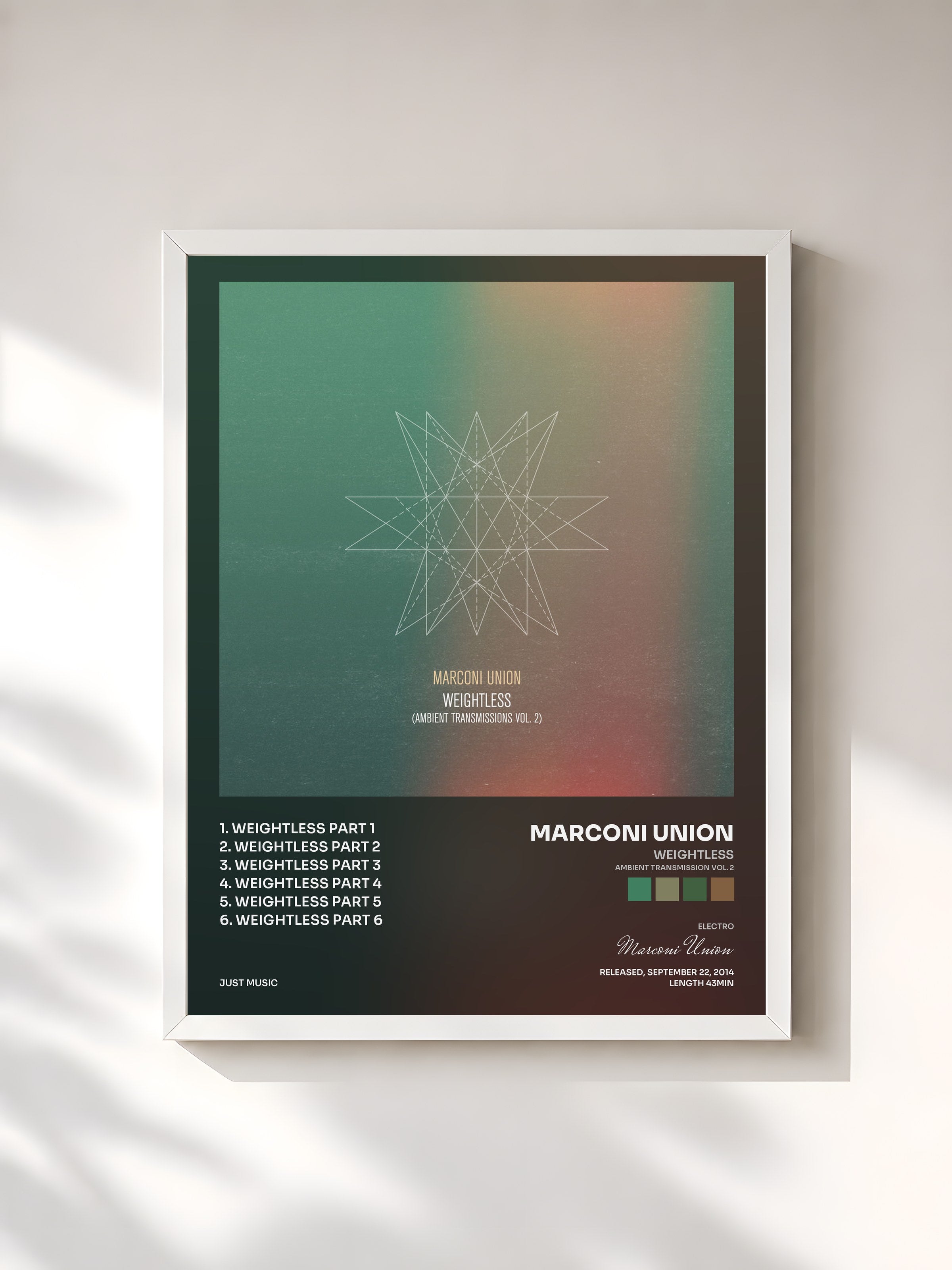 #blanc Tableau de l'album Weightless (Ambient Transmission Vol. 2) de Marconi Union, cadre blanc, imprimé et encadré en France