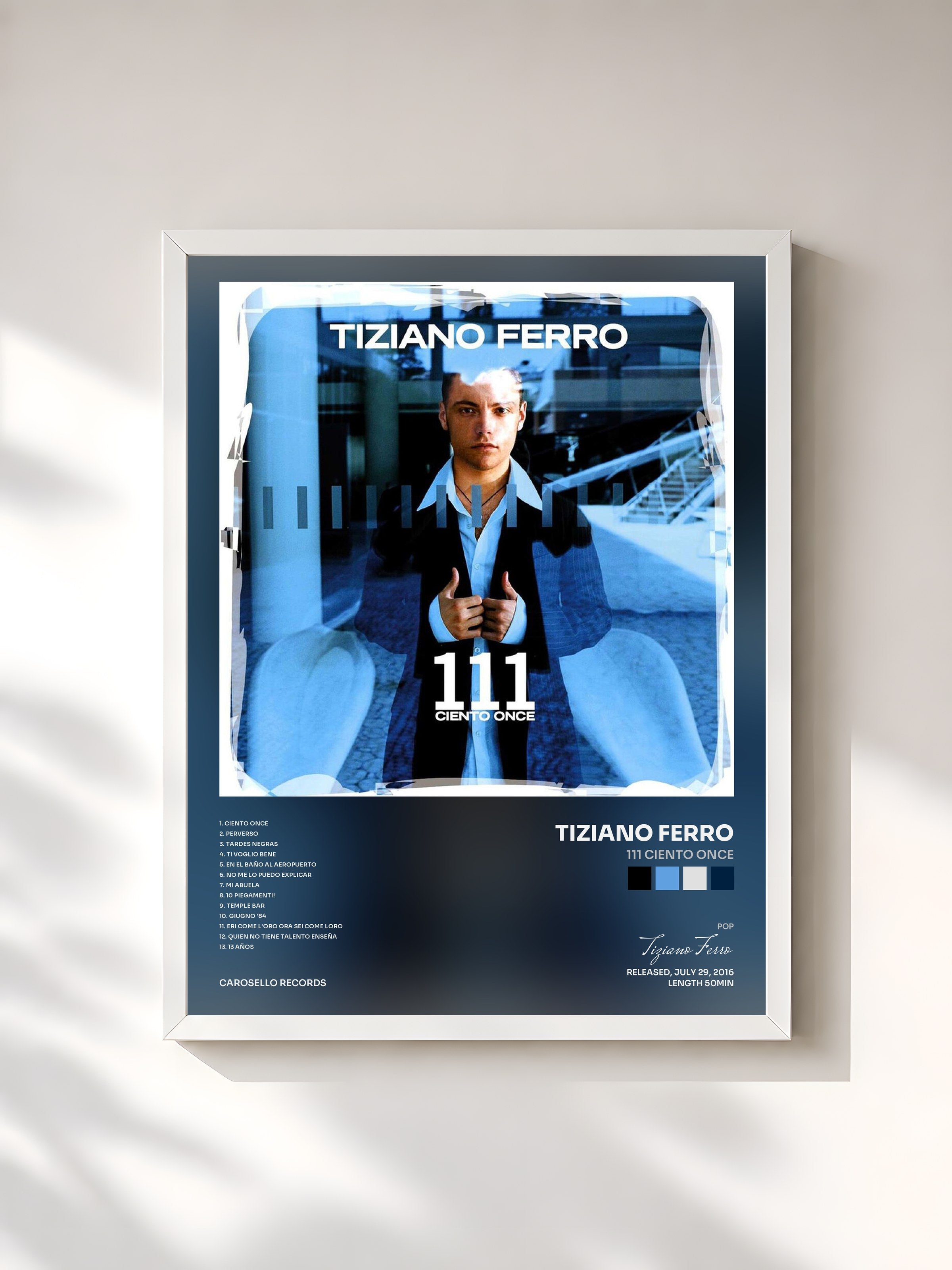 #blanc Tableau de l'album 111 Ciento Once de Tiziano Ferro, cadre blanc, imprimé et encadré en France