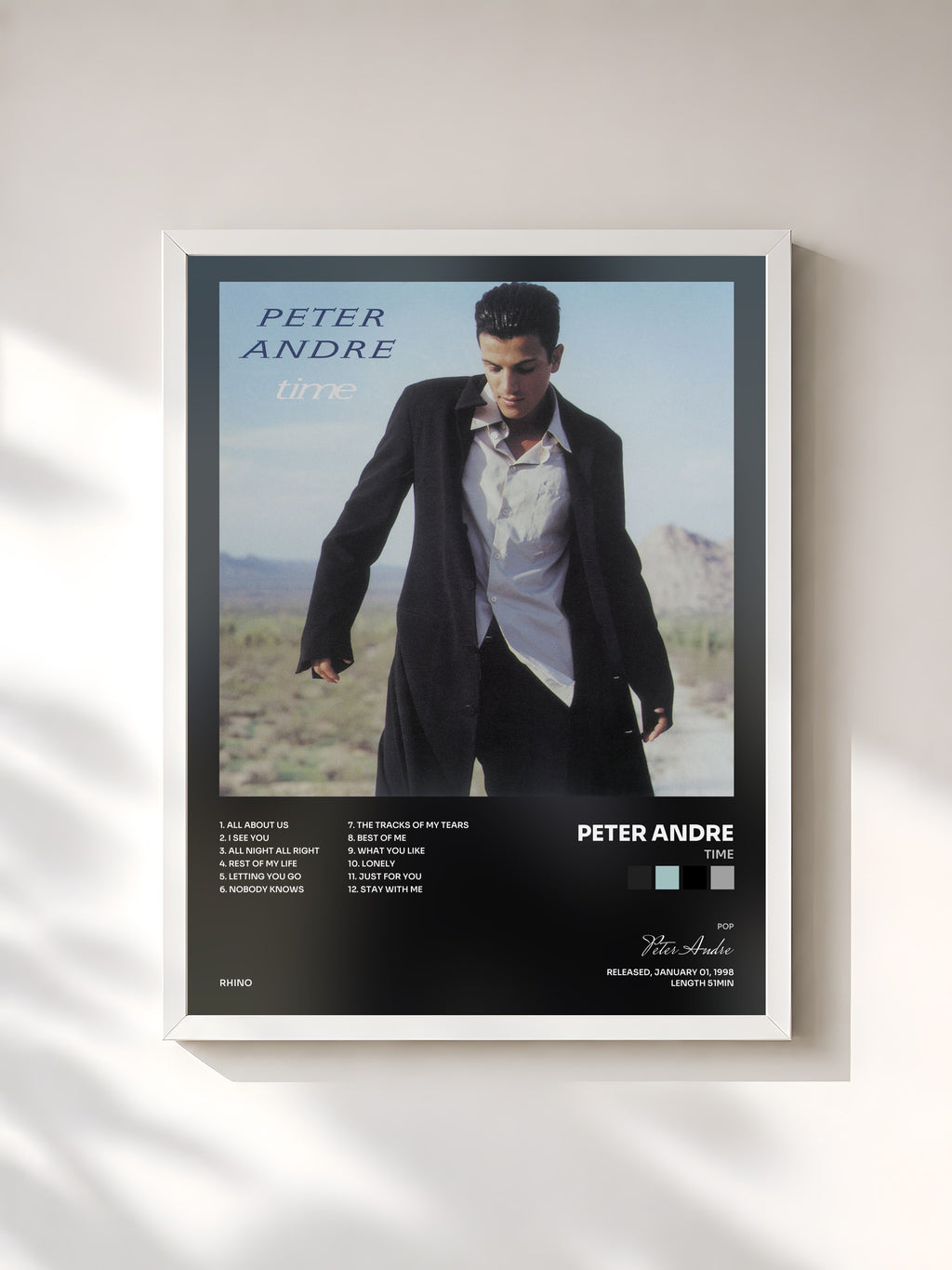 #blanc Tableau de l'album Time de Peter Andre, cadre blanc, imprimé et encadré en France