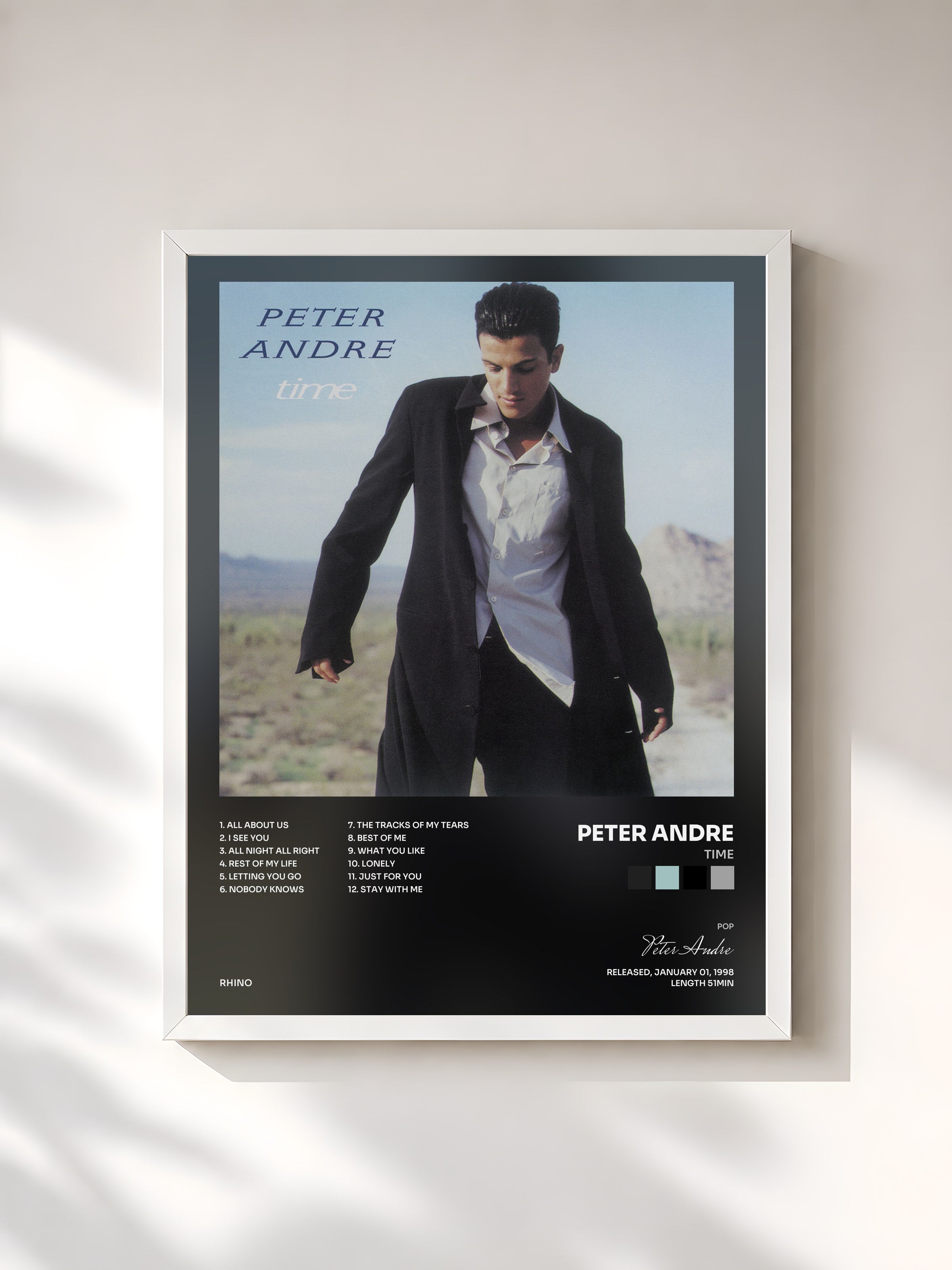 #blanc Tableau de l'album Time de Peter Andre, cadre blanc, imprimé et encadré en France