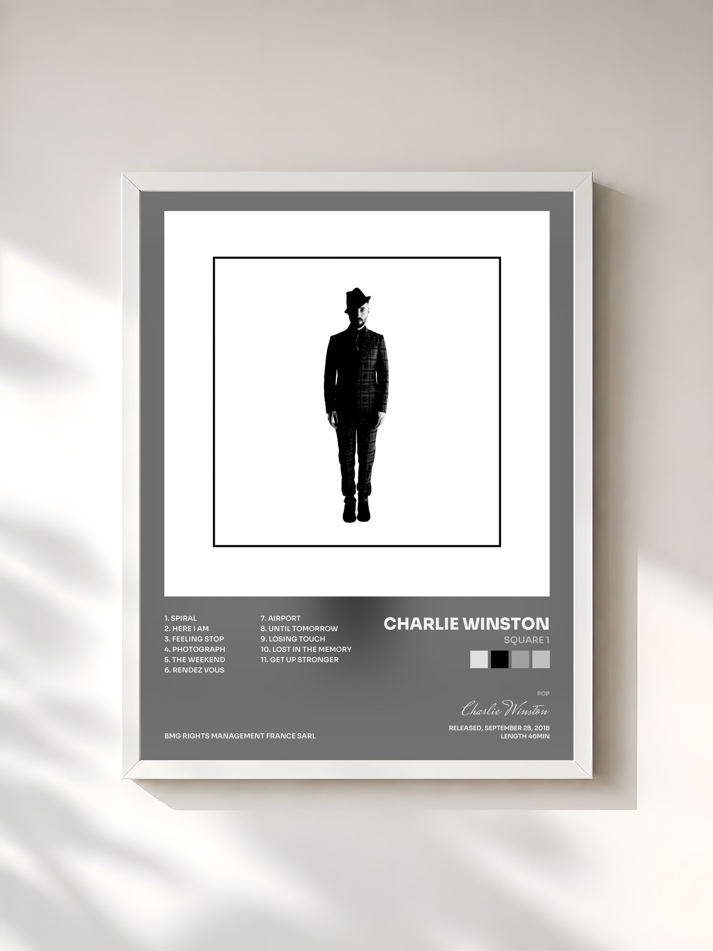 #blanc Tableau de l'album Square 1 de Charlie Winston, cadre blanc, imprimé et encadré en France
