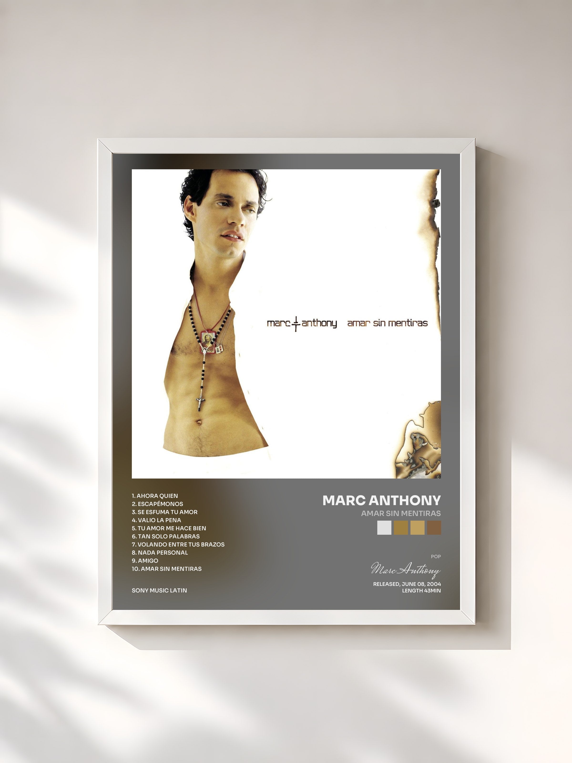 #blanc Tableau de l'album Amar Sin Mentiras de Marc Anthony, cadre blanc, imprimé et encadré en France
