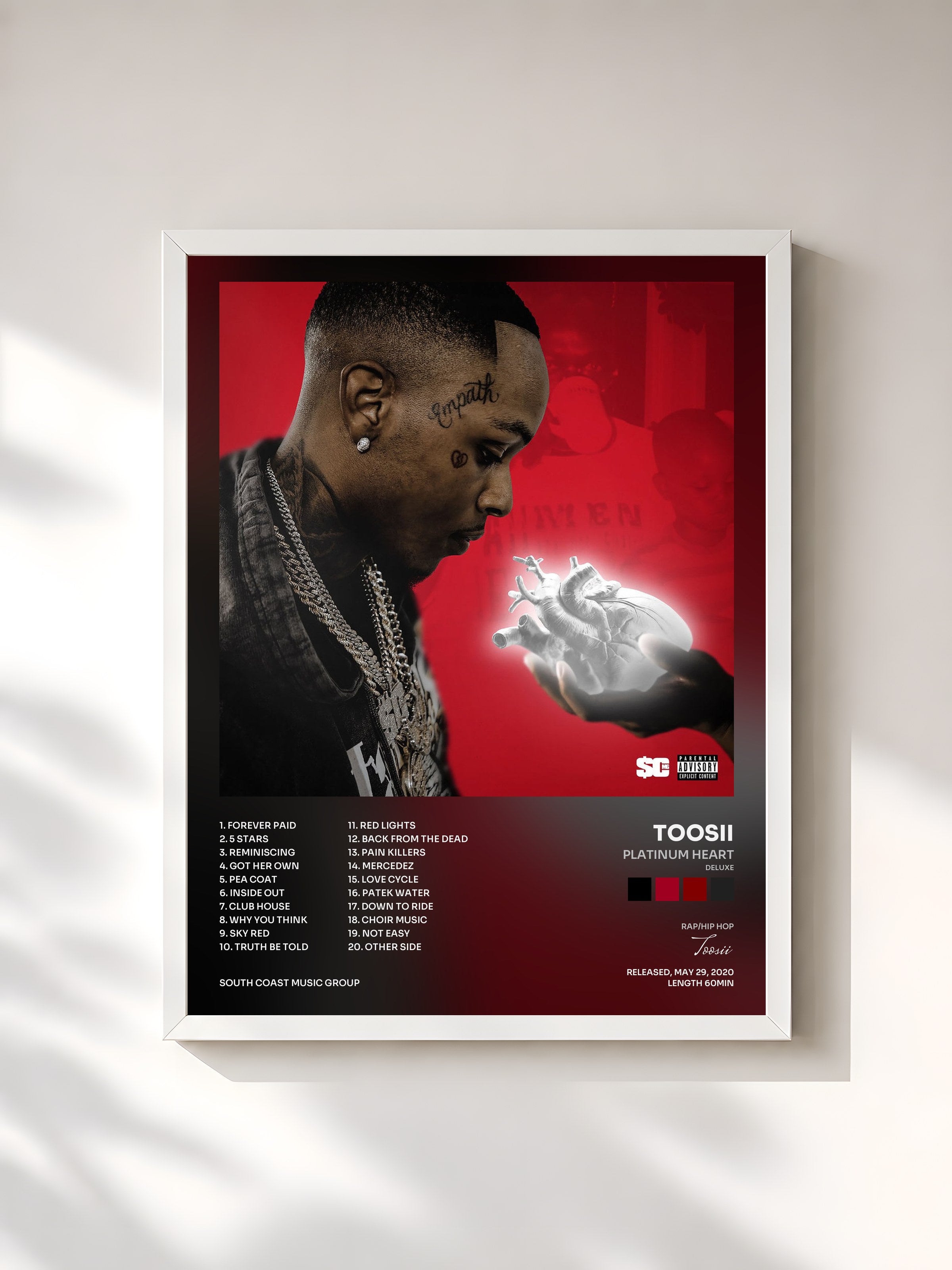 #blanc Tableau de l'album Platinum Heart (Deluxe) de Toosii, cadre blanc, imprimé et encadré en France