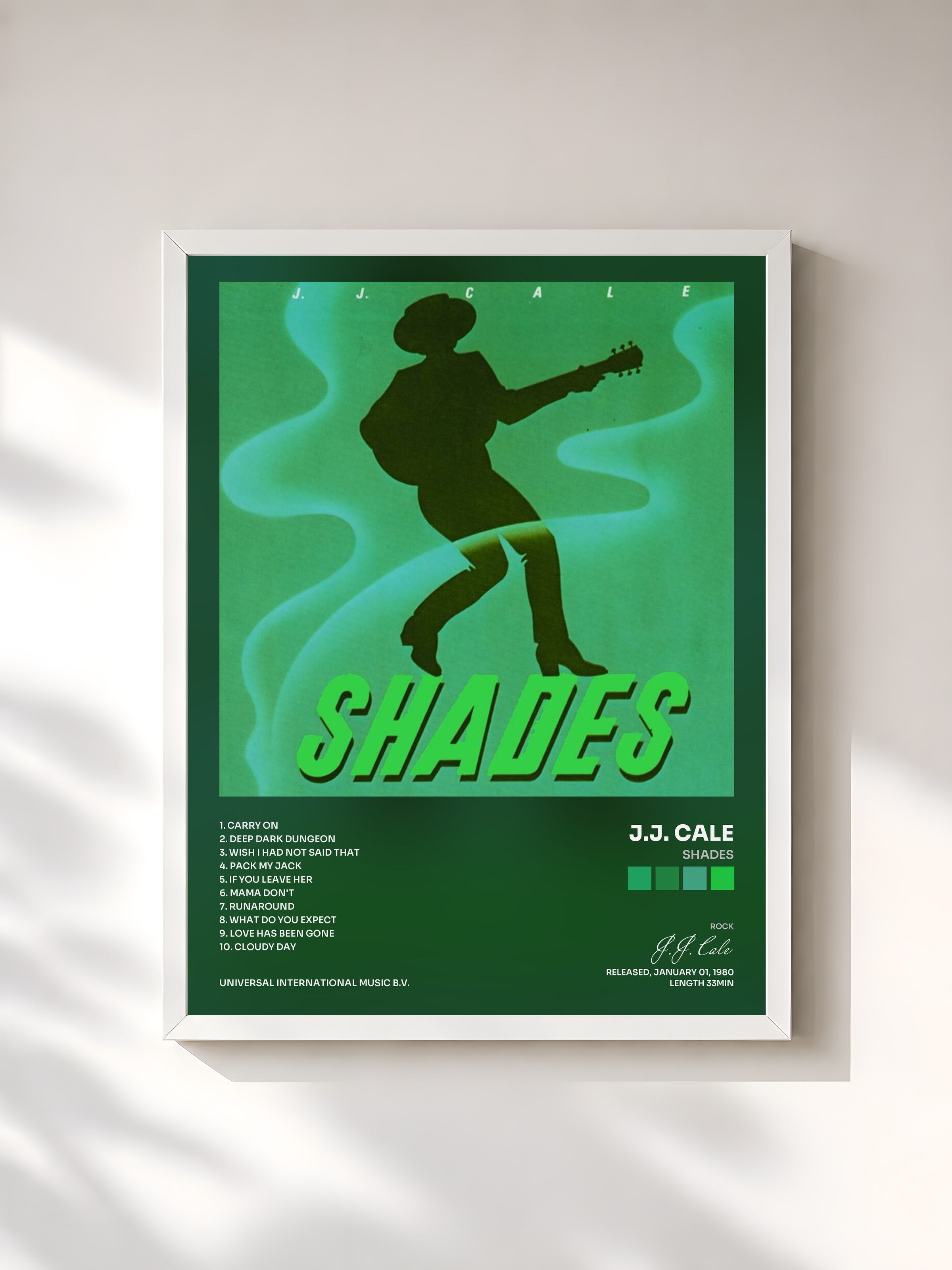 #blanc Tableau de l'album Shades de J.J. Cale, cadre blanc, imprimé et encadré en France