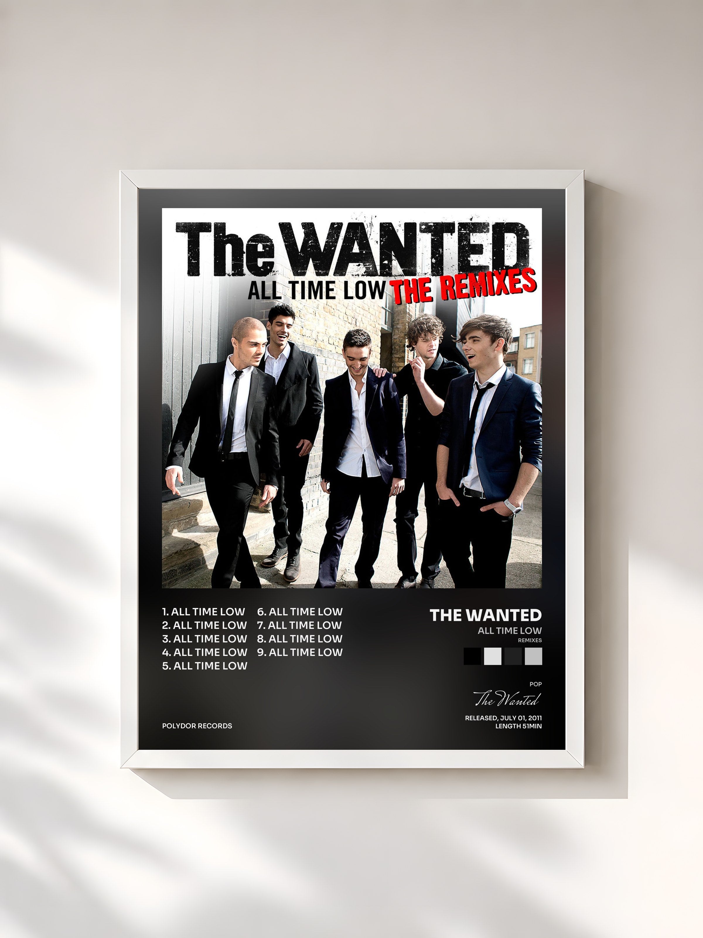 #blanc Tableau de l'album All Time Low (Remixes) de The Wanted, cadre blanc, imprimé et encadré en France