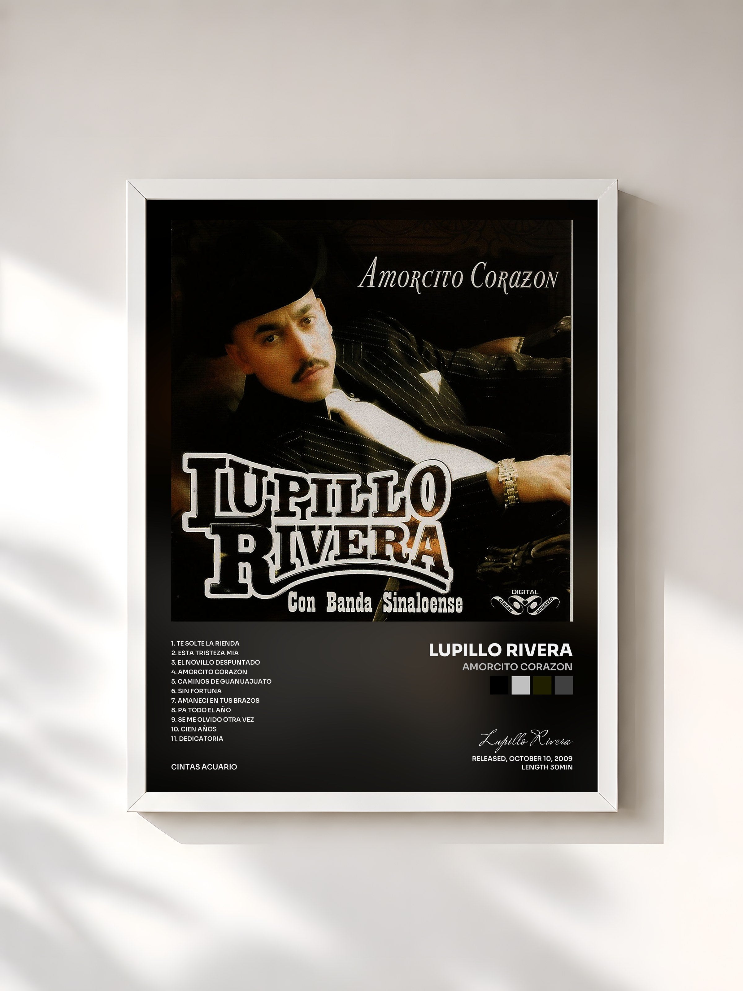 #blanc Tableau de l'album Amorcito Corazon de Lupillo Rivera, cadre blanc, imprimé et encadré en France