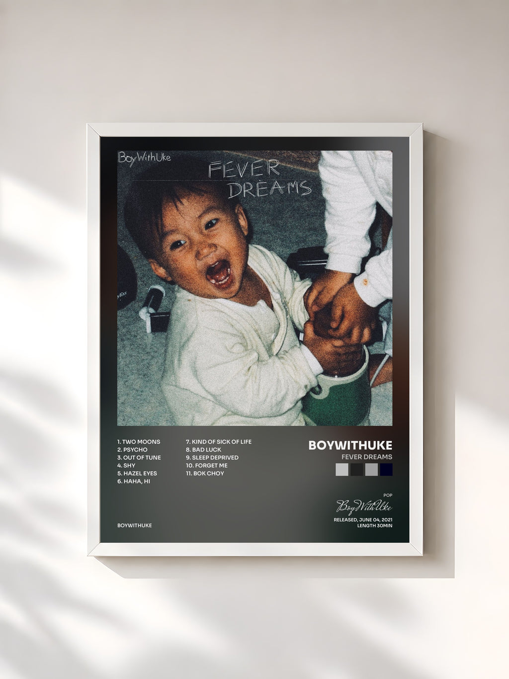#blanc Tableau de l'album Fever Dreams de BoyWithUke, cadre blanc, imprimé et encadré en France