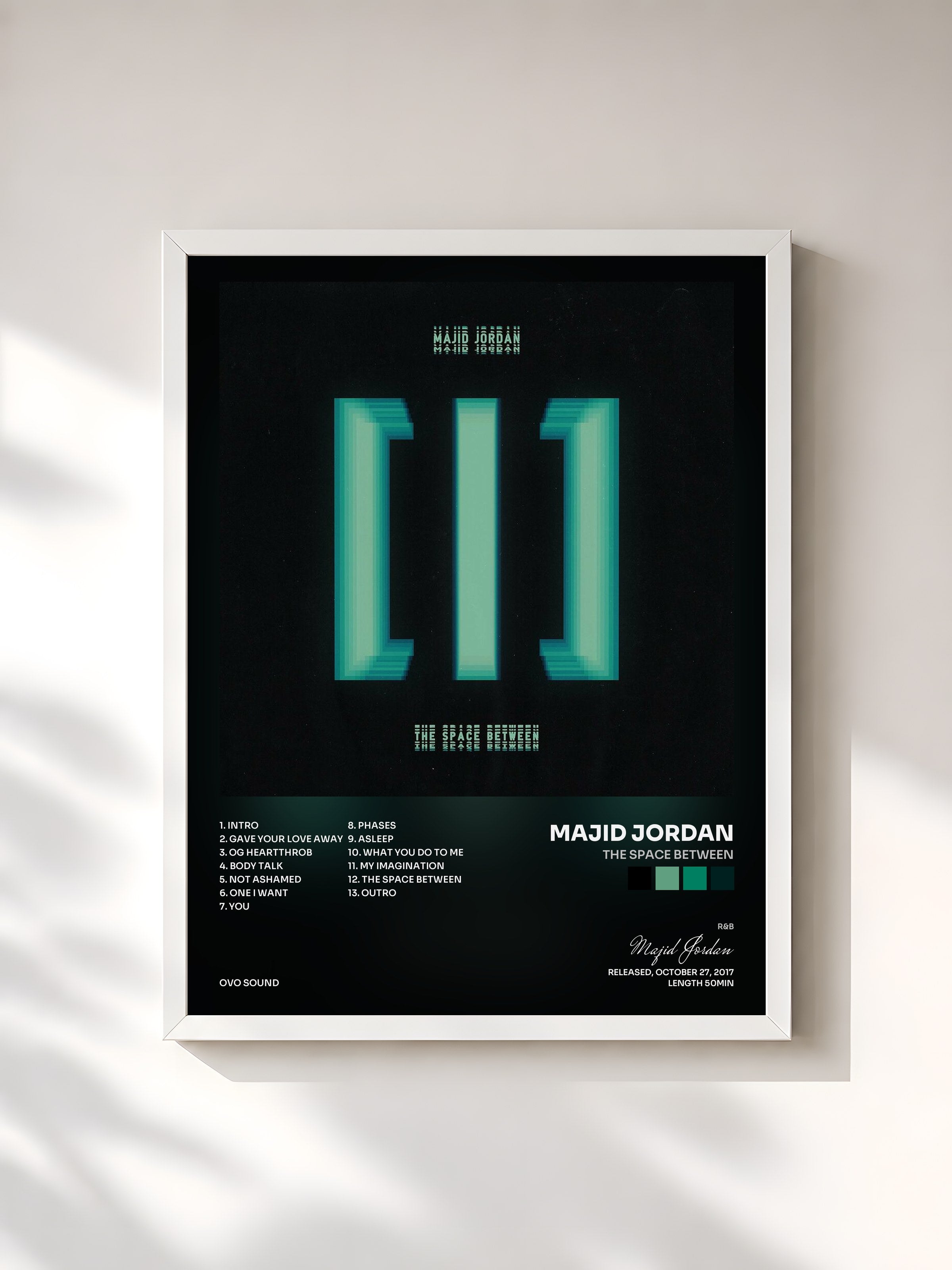 #blanc Tableau de l'album The Space Between de Majid Jordan, cadre blanc, imprimé et encadré en France