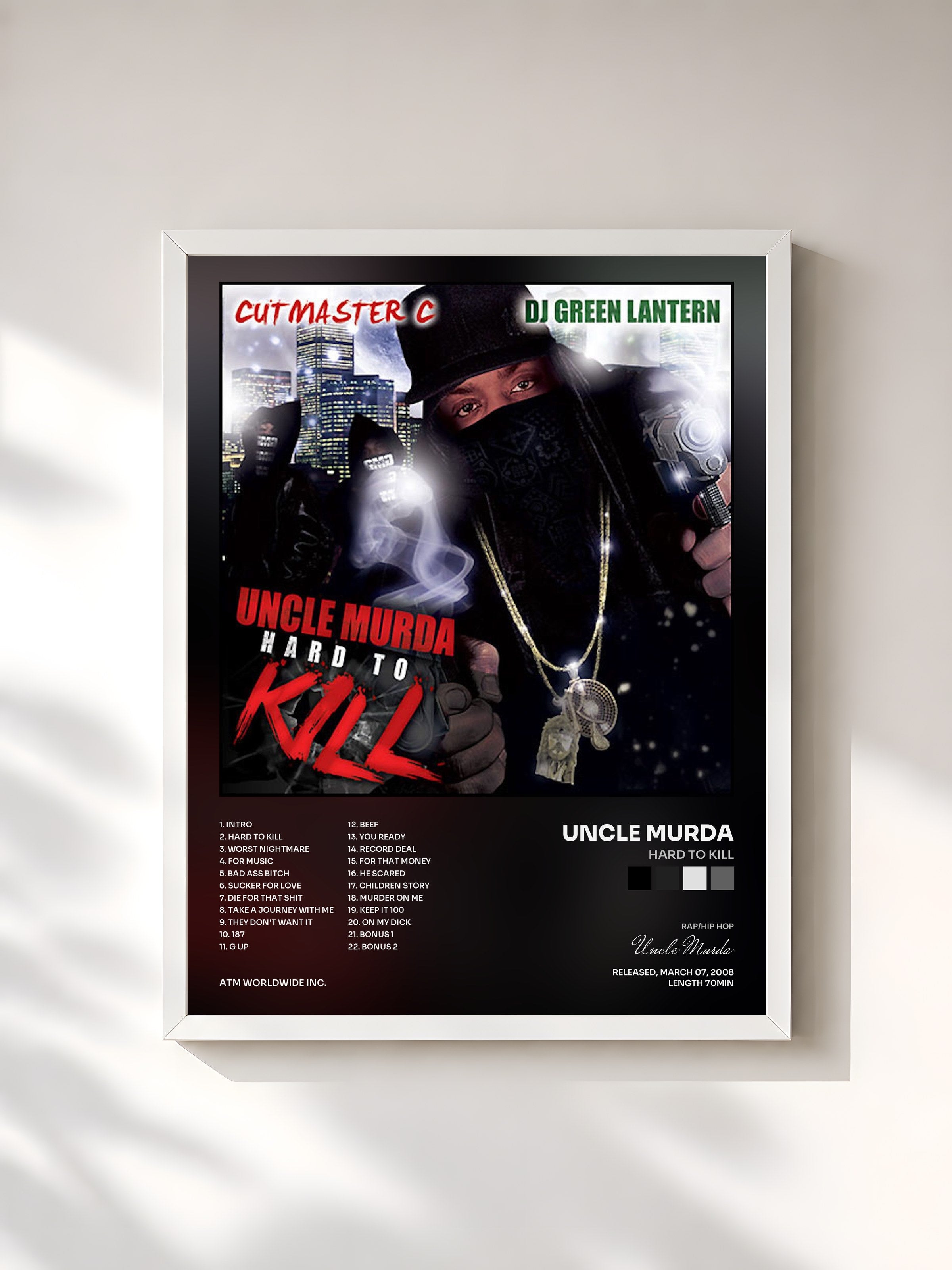#blanc Tableau de l'album Hard to Kill de Uncle Murda, cadre blanc, imprimé et encadré en France