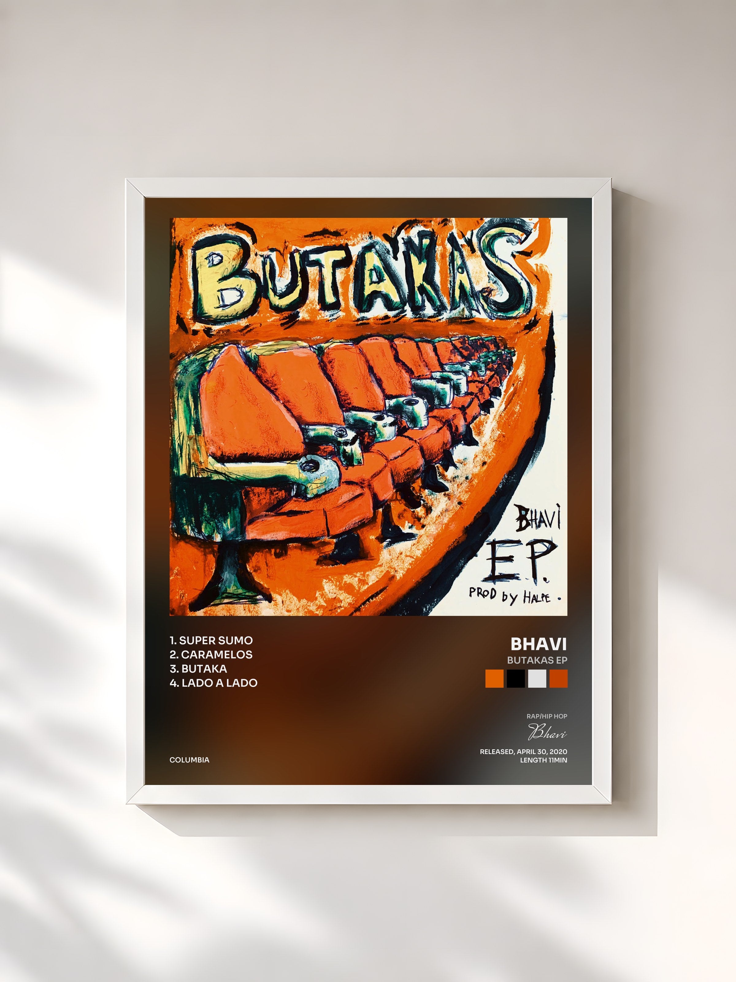 #blanc Tableau de l'album BUTAKAS EP de Bhavi, cadre blanc, imprimé et encadré en France