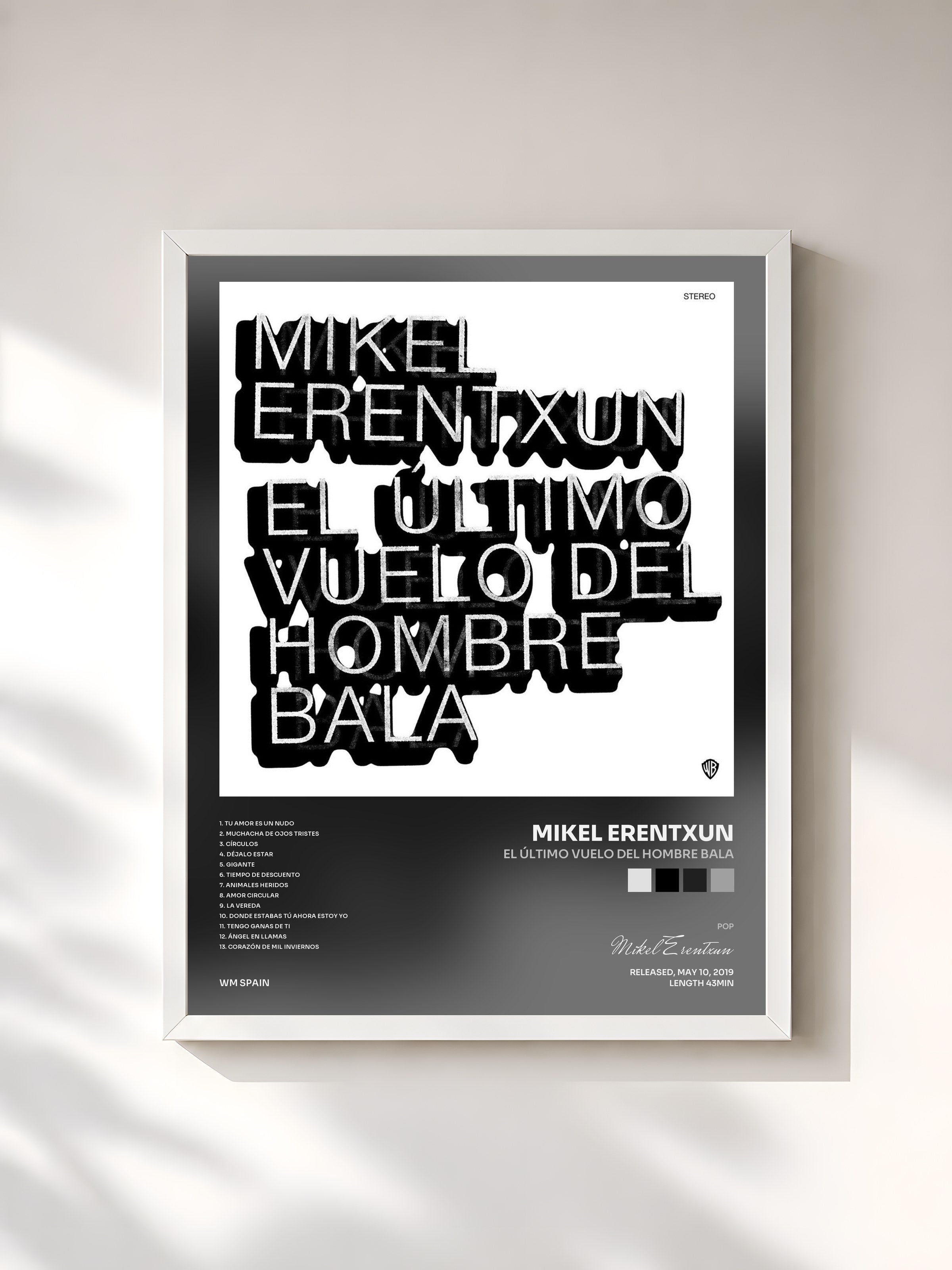 #blanc Tableau de l'album El último vuelo del hombre bala de Mikel Erentxun, cadre blanc, imprimé et encadré en France