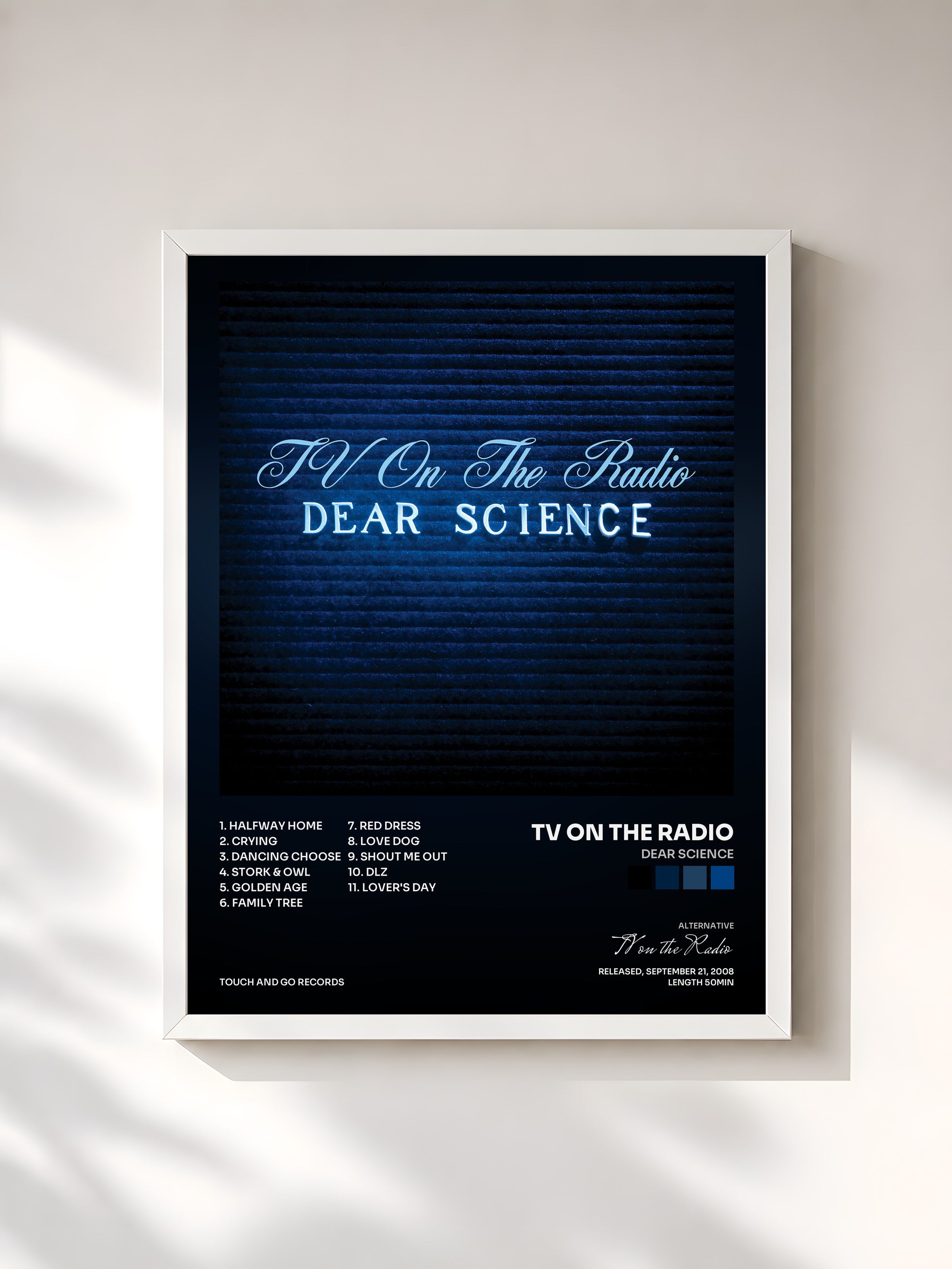 #blanc Tableau de l'album Dear Science de TV on the Radio, cadre blanc, imprimé et encadré en France