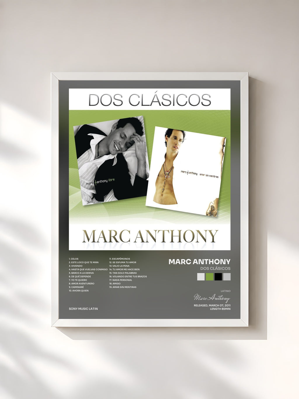 #blanc Tableau de l'album Dos Clásicos de Marc Anthony, cadre blanc, imprimé et encadré en France