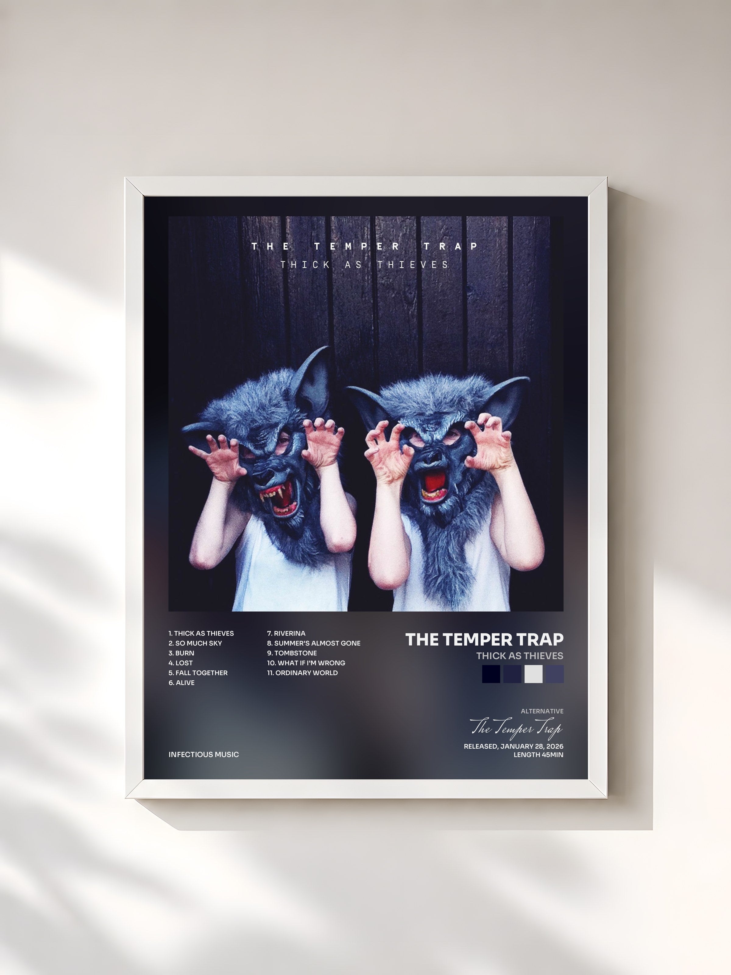#blanc Tableau de l'album Thick as Thieves de The Temper Trap, cadre blanc, imprimé et encadré en France