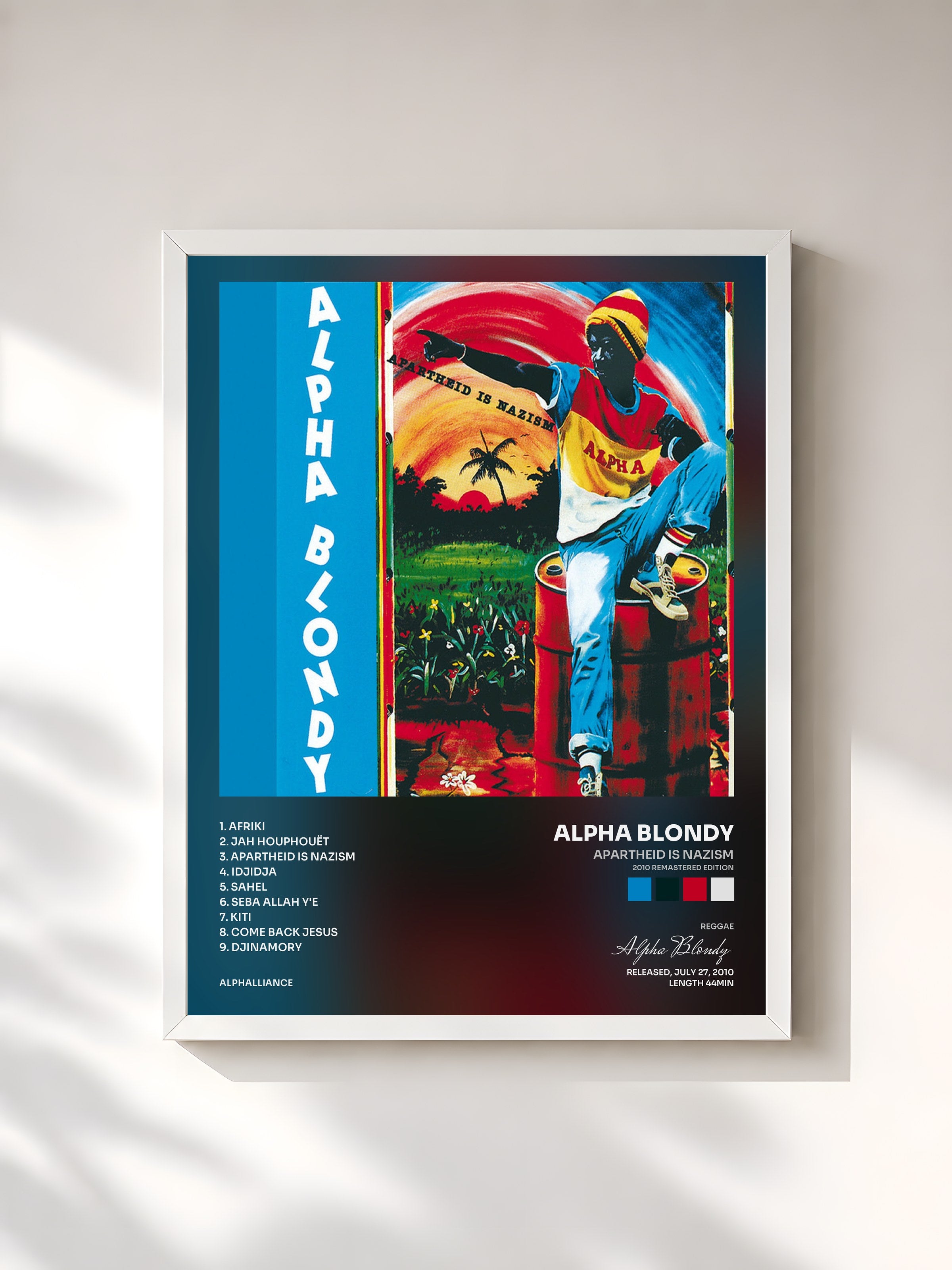 #blanc Tableau de l'album Apartheid Is Nazism (2010 Remastered Edition) de Alpha Blondy, cadre blanc, imprimé et encadré en France