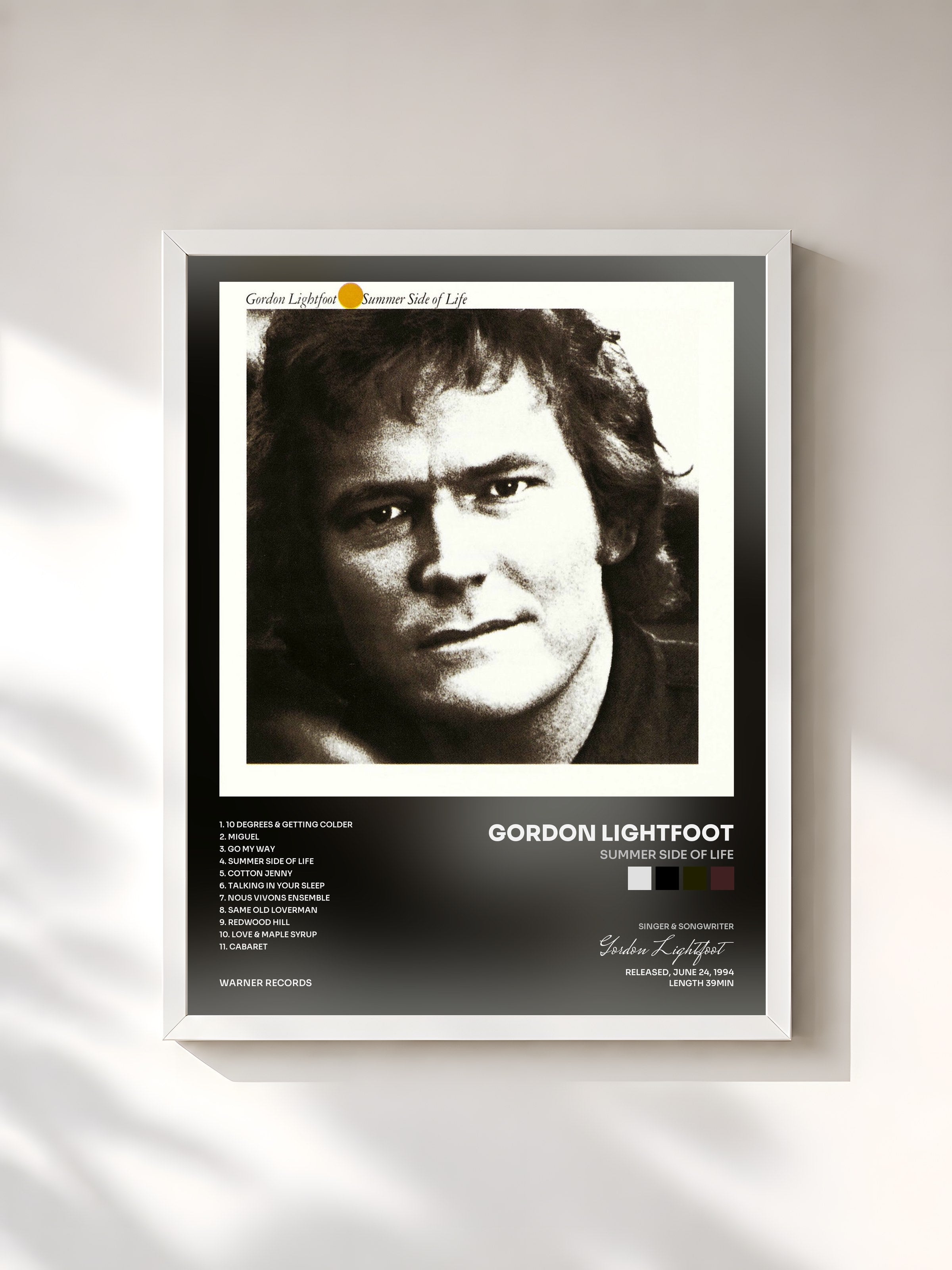 #blanc Tableau de l'album Summer Side of Life de Gordon Lightfoot, cadre blanc, imprimé et encadré en France