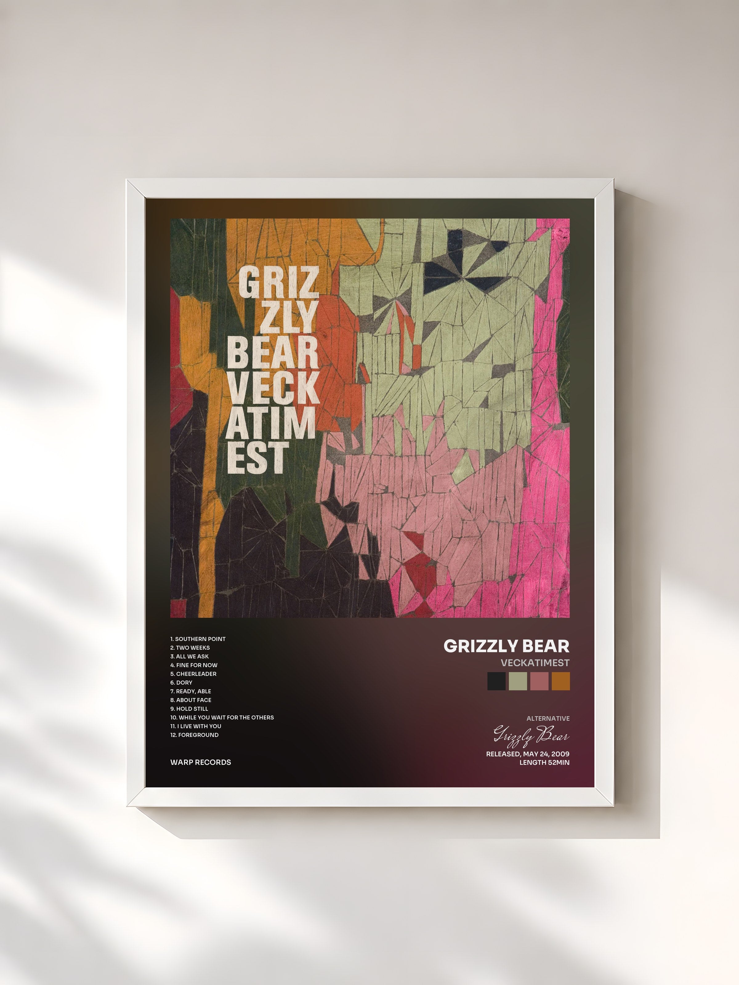 #blanc Tableau de l'album Veckatimest de Grizzly Bear, cadre blanc, imprimé et encadré en France