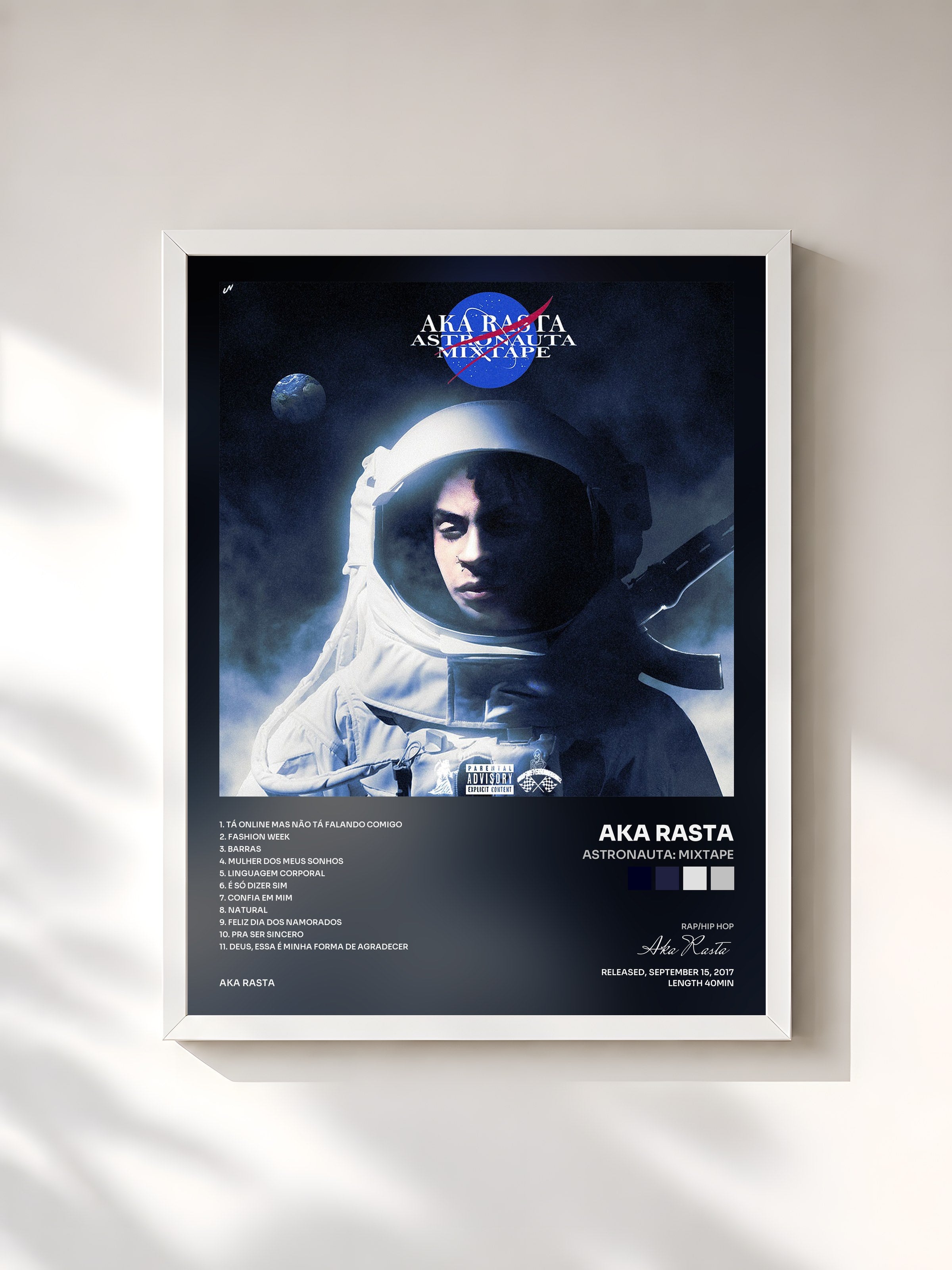 #blanc Tableau de l'album Astronauta: Mixtape de Aka Rasta, cadre blanc, imprimé et encadré en France