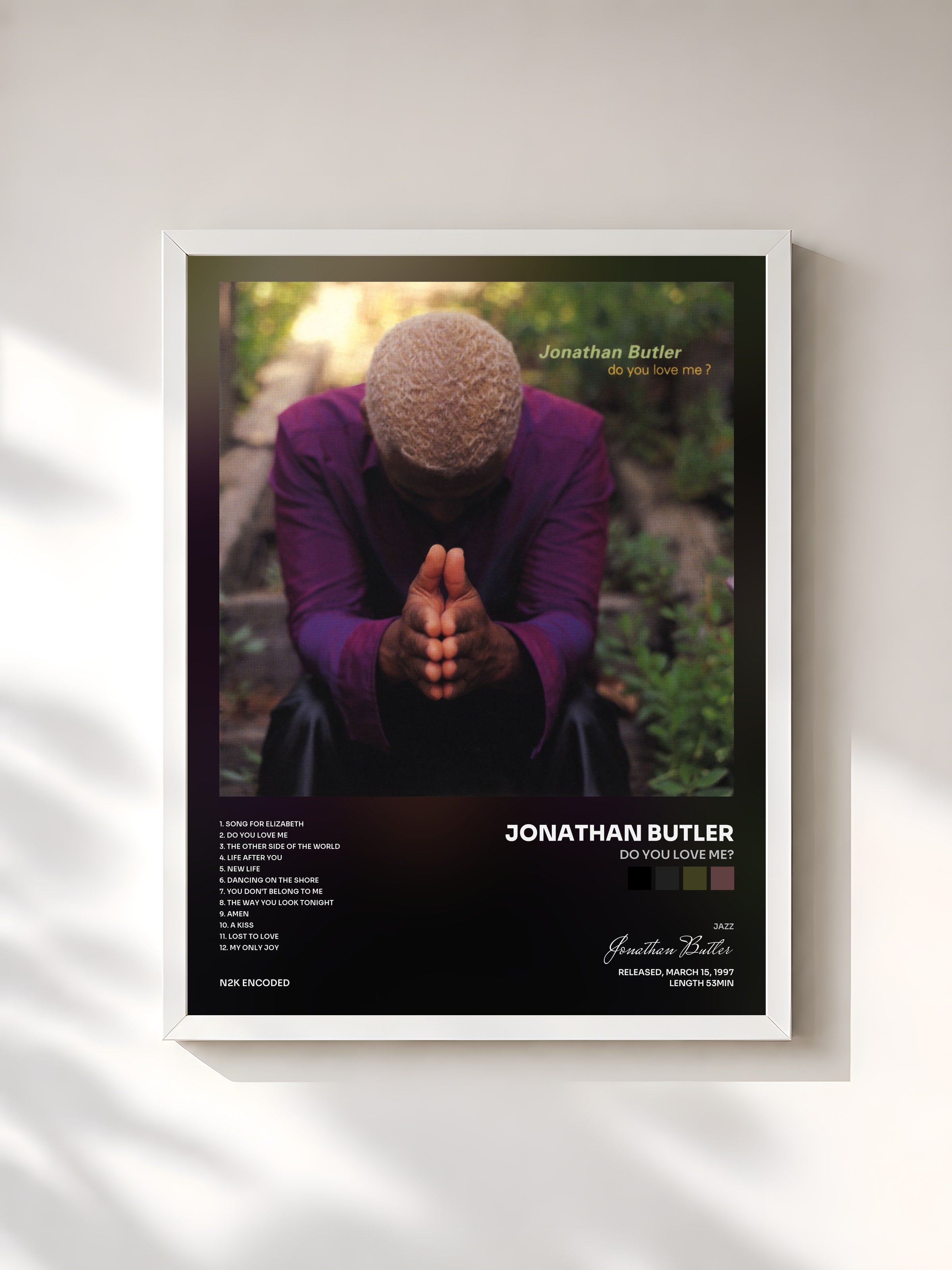 #blanc Tableau de l'album Do You Love Me? de Jonathan Butler, cadre blanc, imprimé et encadré en France