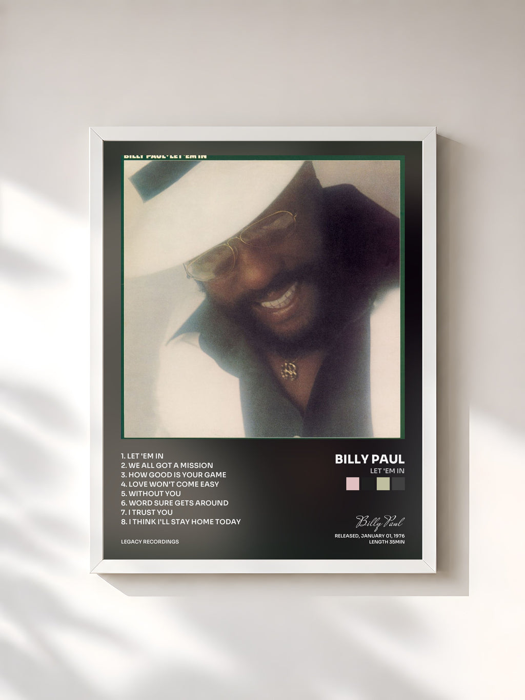 #blanc Tableau de l'album Let 'Em In de Billy Paul, cadre blanc, imprimé et encadré en France