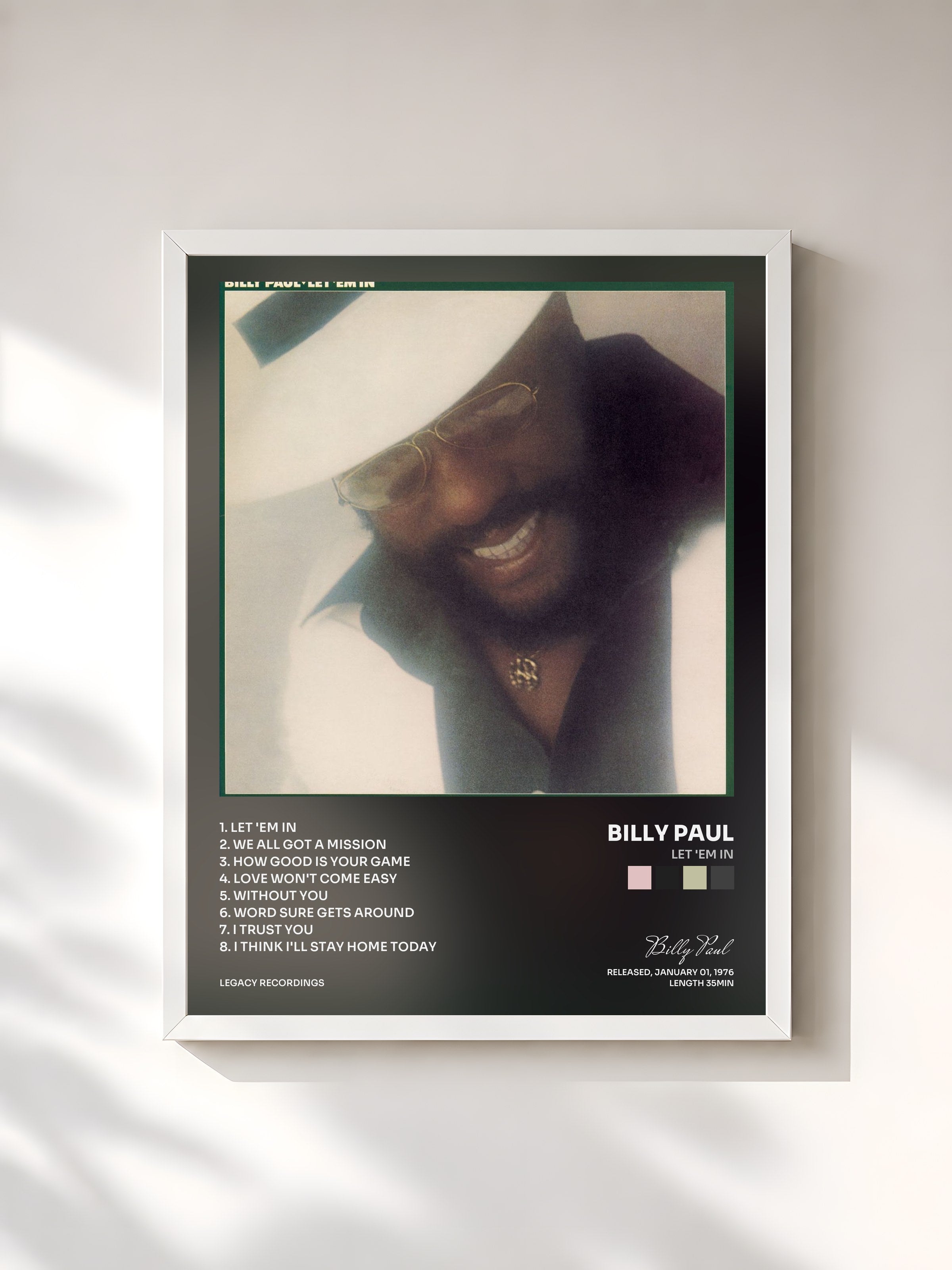 #blanc Tableau de l'album Let 'Em In de Billy Paul, cadre blanc, imprimé et encadré en France