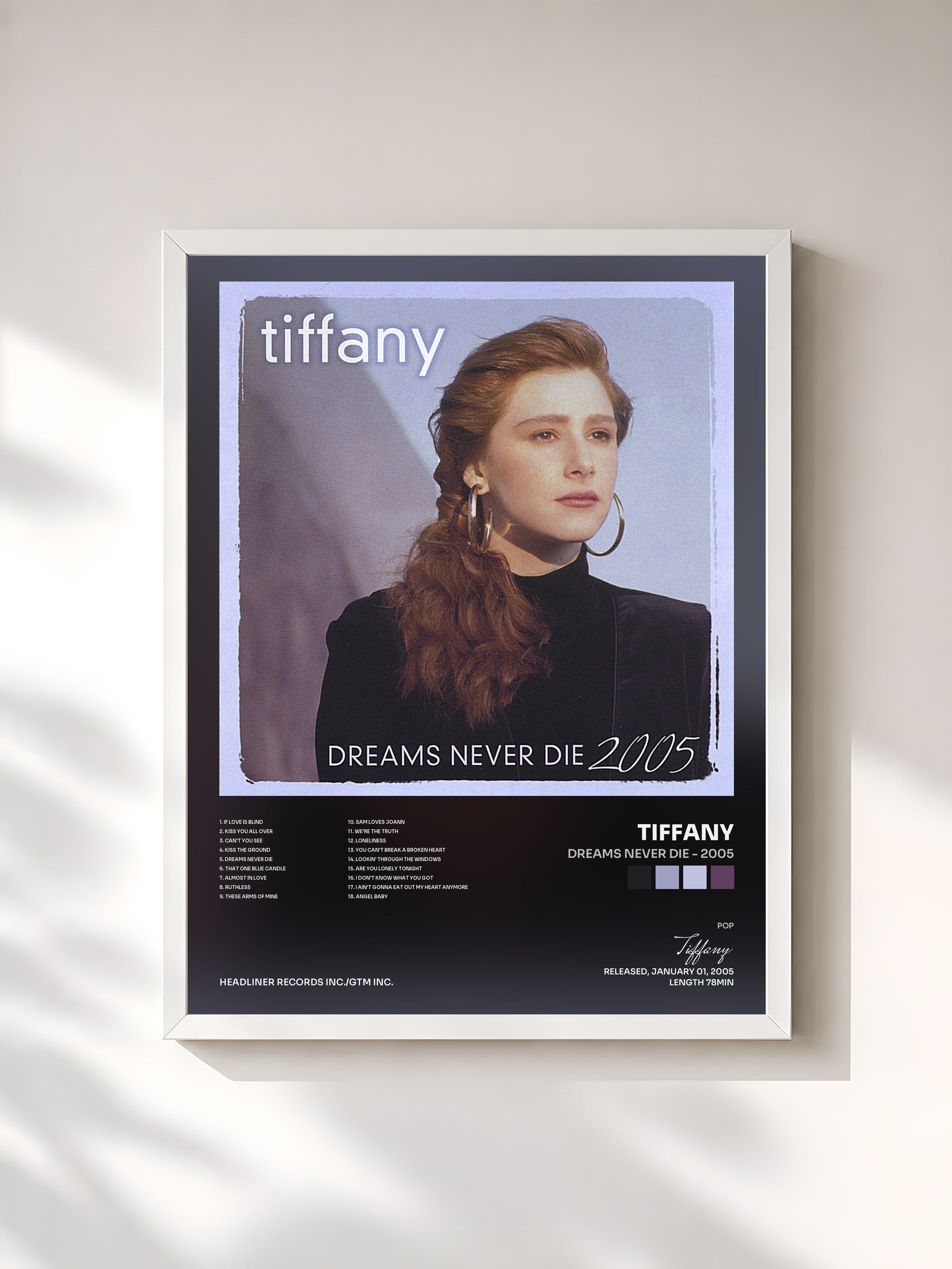 #blanc Tableau de l'album Dreams Never Die - 2005 de Tiffany, cadre blanc, imprimé et encadré en France