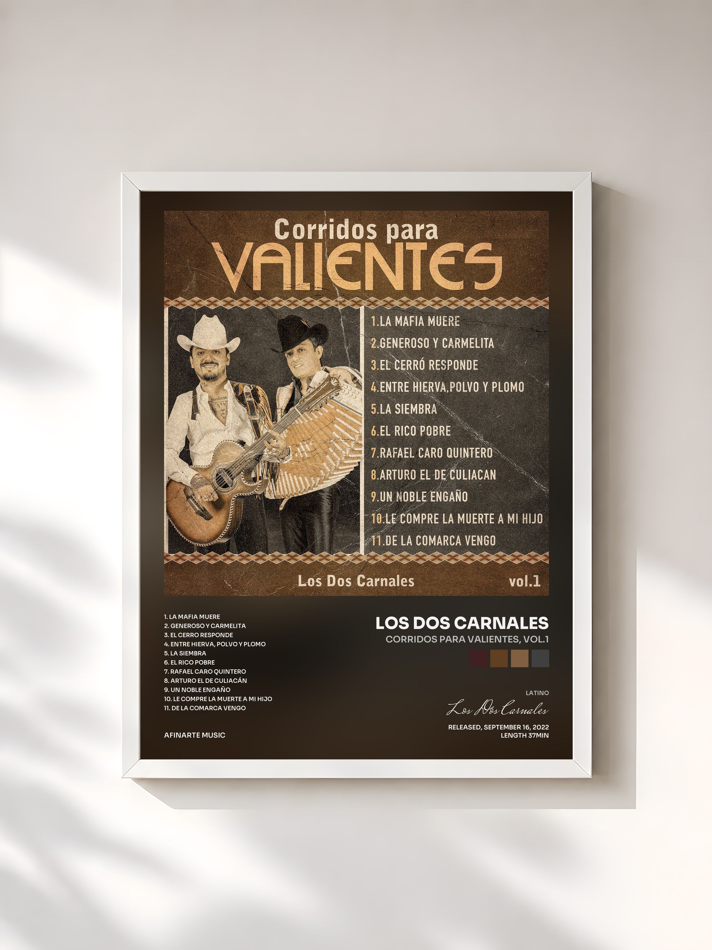 #blanc Tableau de l'album Corridos Para Valientes, Vol.1 de Los Dos Carnales, cadre blanc, imprimé et encadré en France