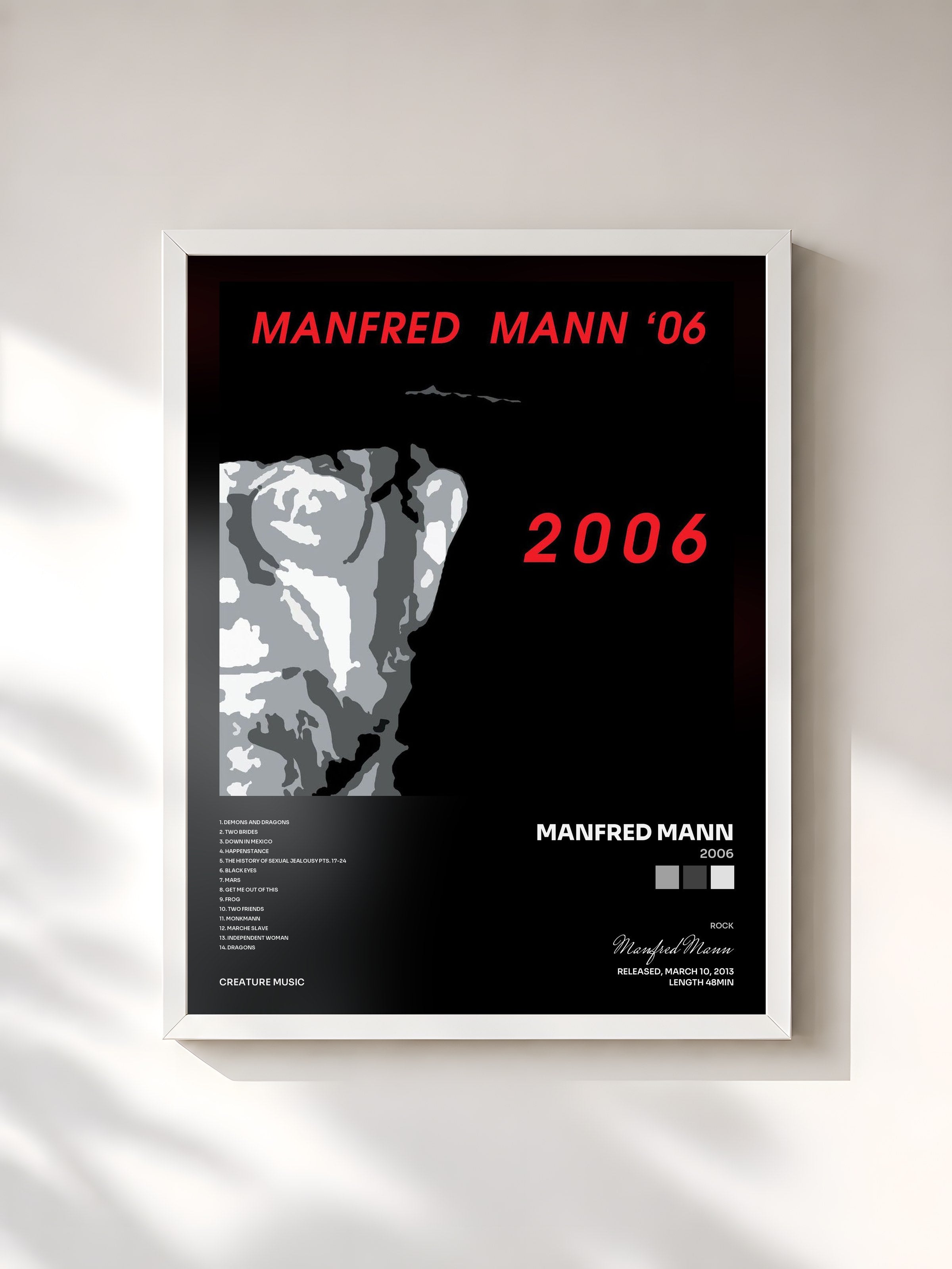 #blanc Tableau de l'album 2006 de Manfred Mann, cadre blanc, imprimé et encadré en France