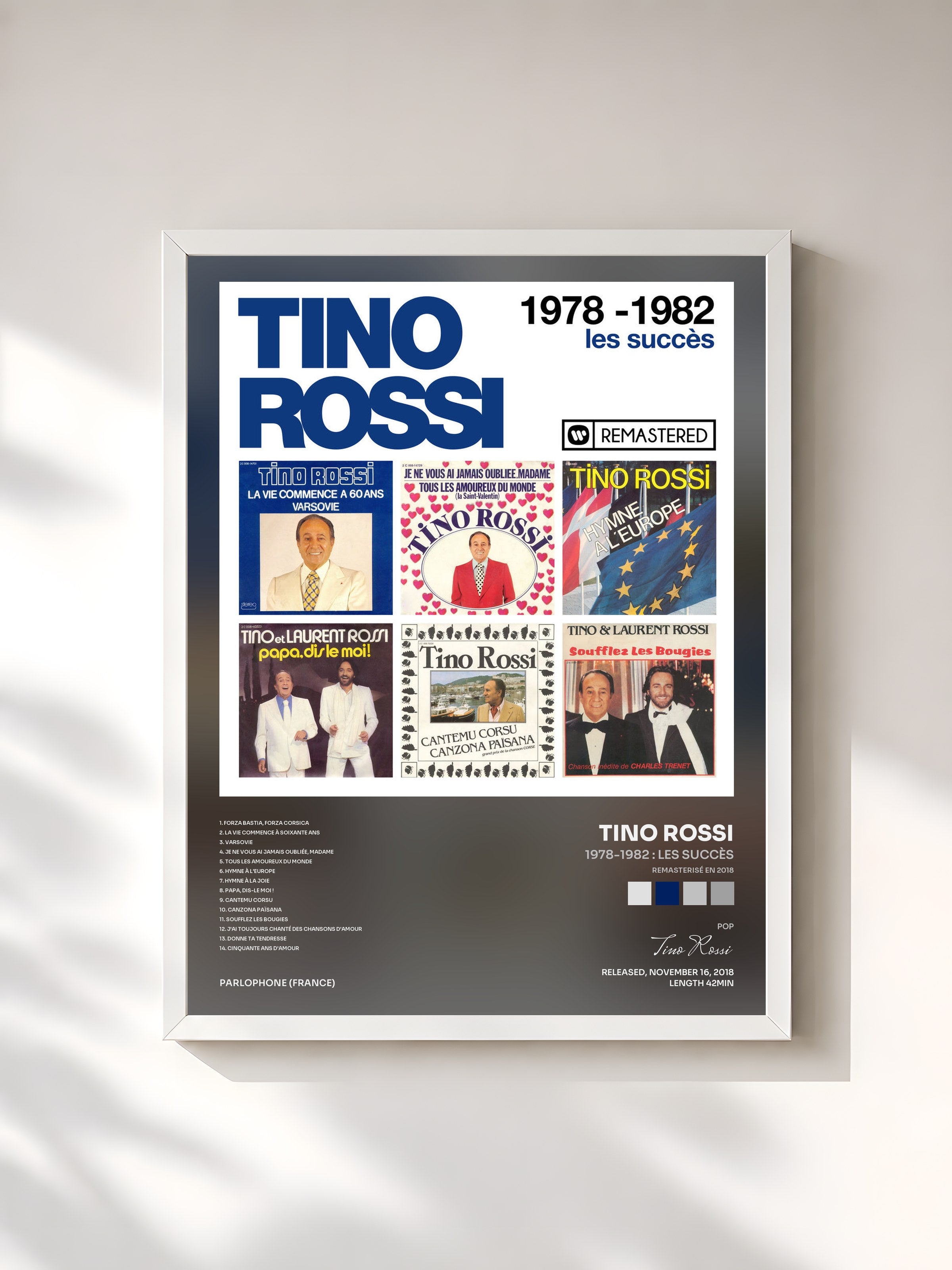 #blanc Tableau de l'album 1978-1982 : Les succès (Remasterisé en 2018) de Tino Rossi, cadre blanc, imprimé et encadré en France