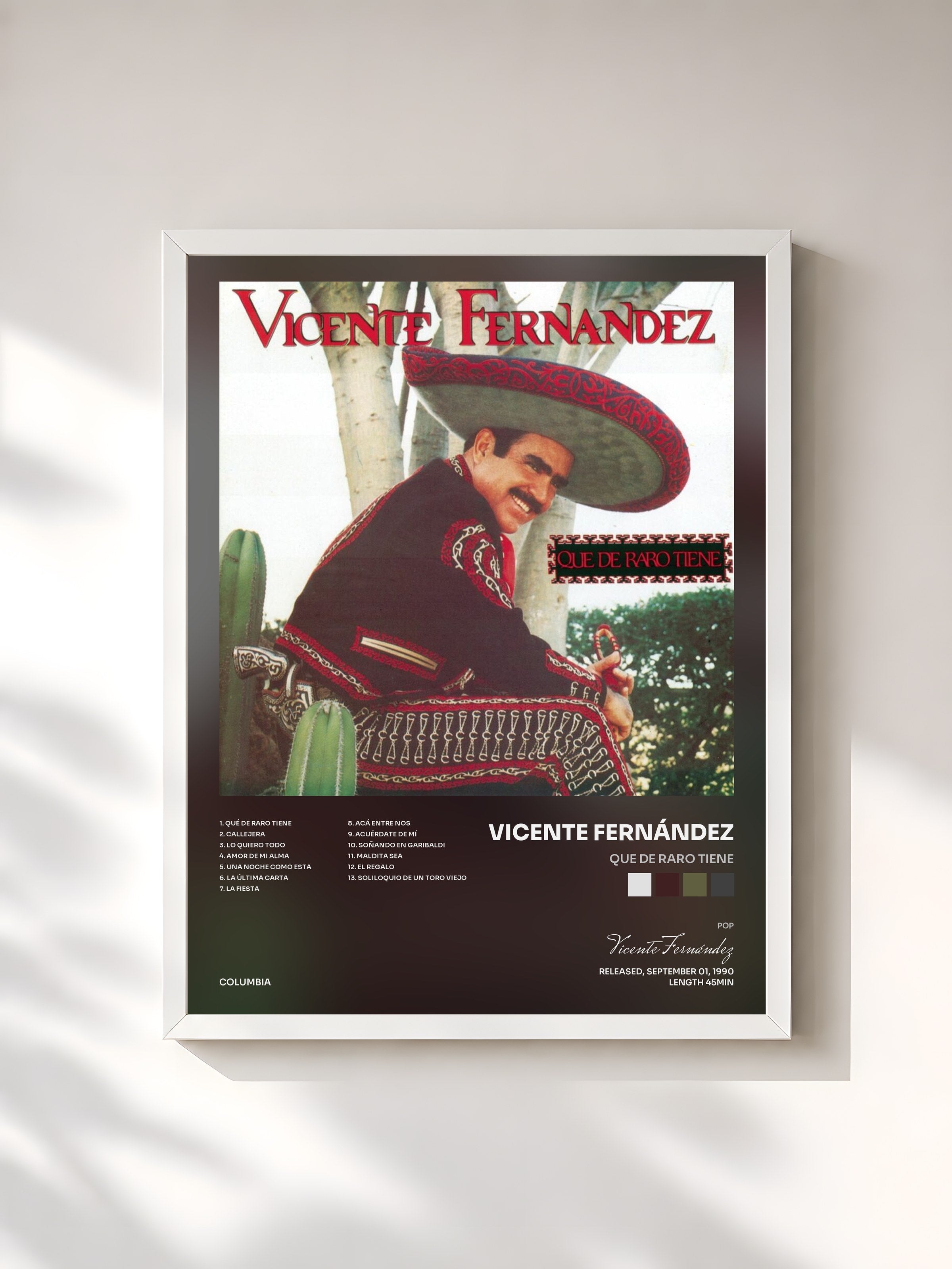 #blanc Tableau de l'album Que De Raro Tiene de Vicente Fernández, cadre blanc, imprimé et encadré en France