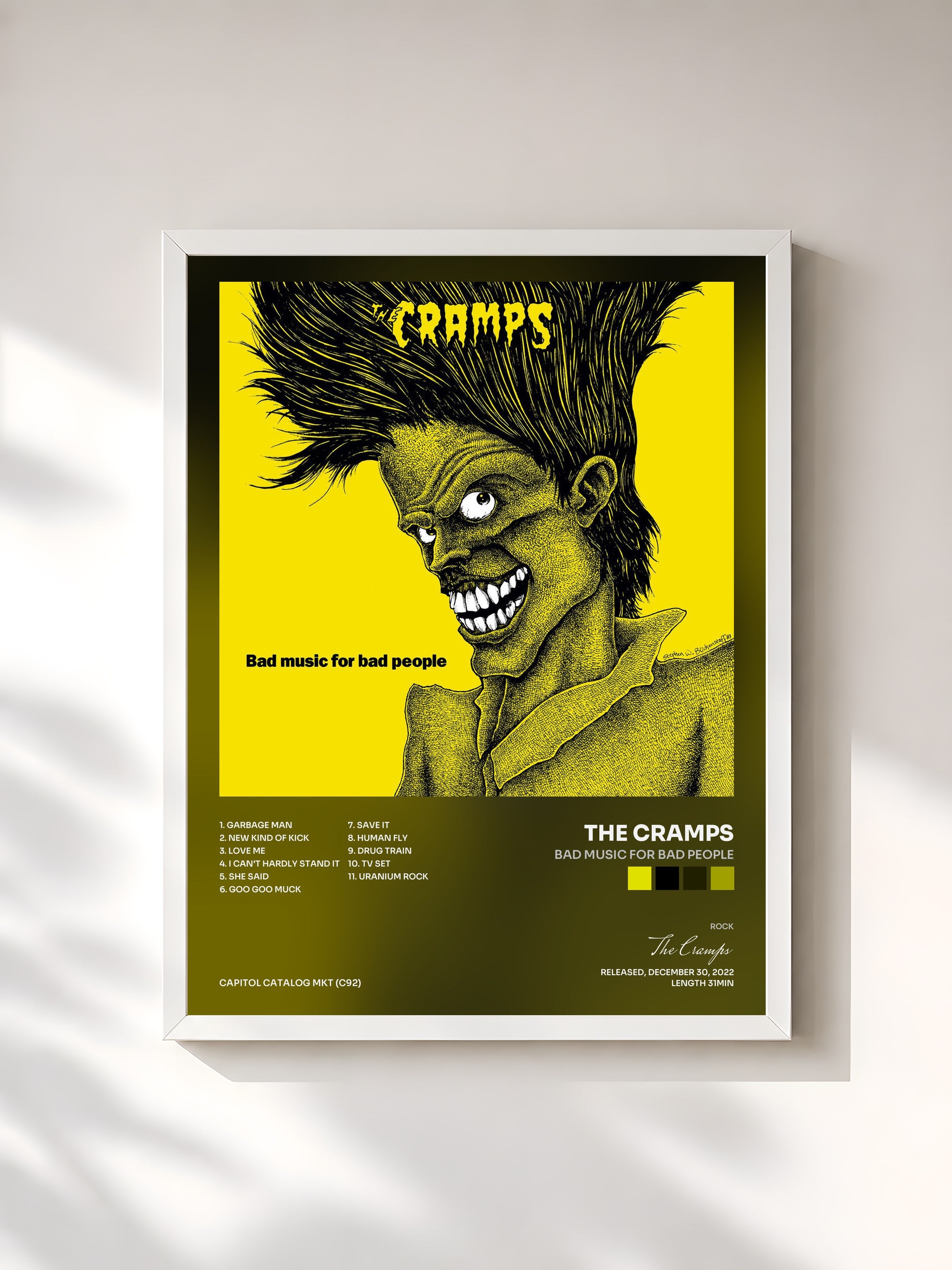#blanc Tableau de l'album Bad Music For Bad People de The Cramps, cadre blanc, imprimé et encadré en France