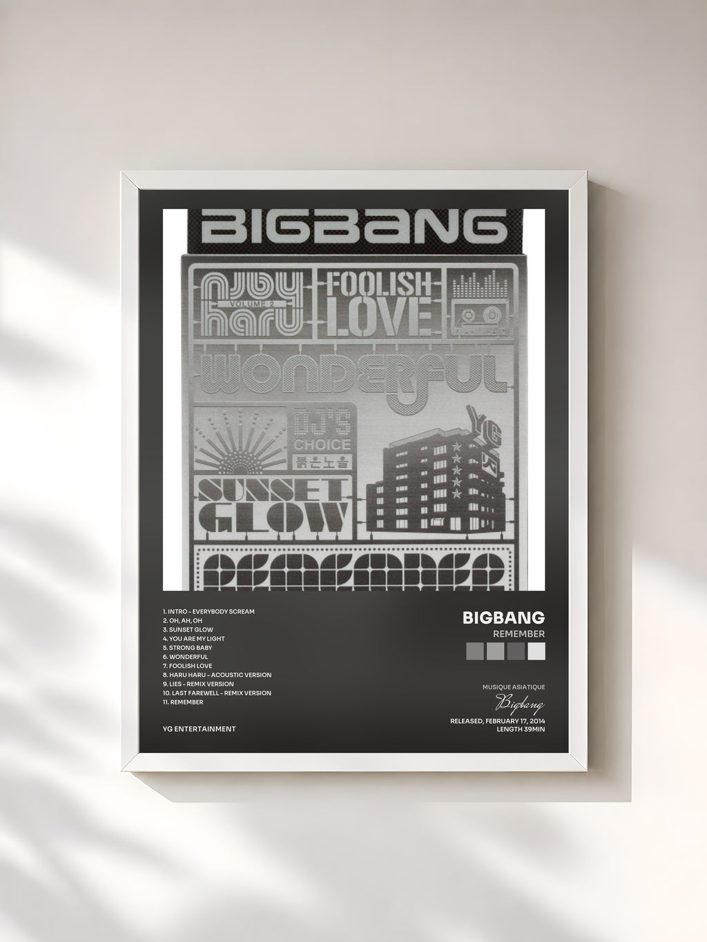#blanc Tableau de l'album Remember de Bigbang, cadre blanc, imprimé et encadré en France