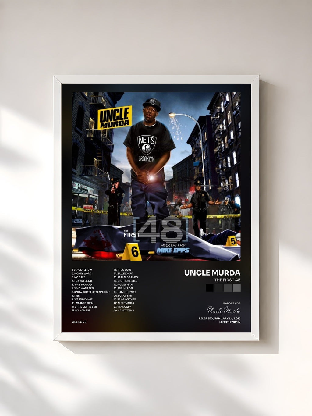 #blanc Tableau de l'album The First 48 de Uncle Murda, cadre blanc, imprimé et encadré en France