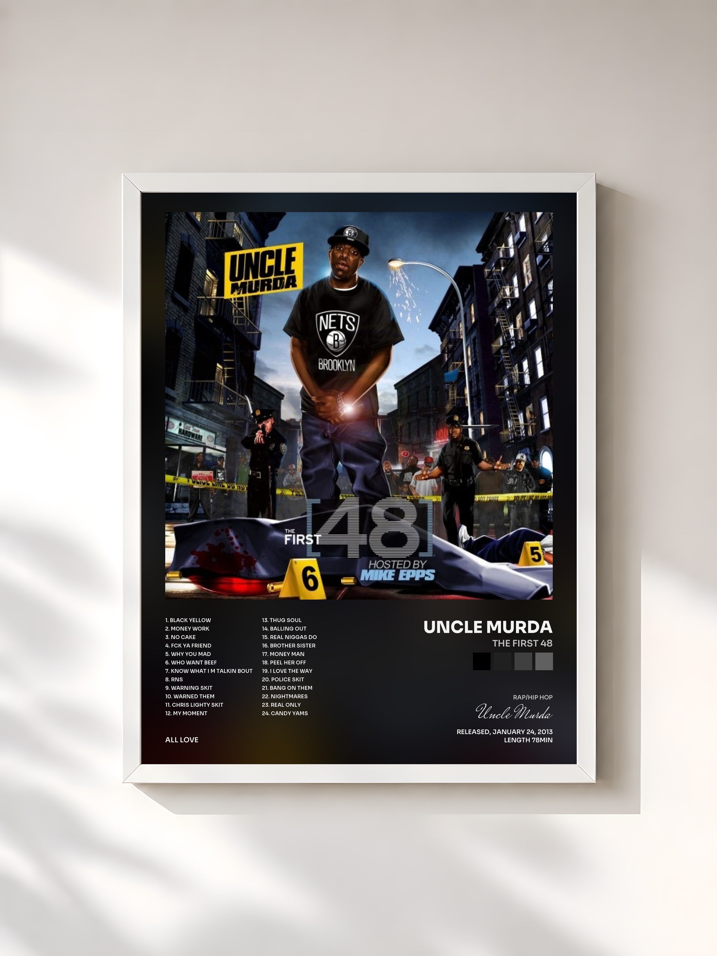 #blanc Tableau de l'album The First 48 de Uncle Murda, cadre blanc, imprimé et encadré en France