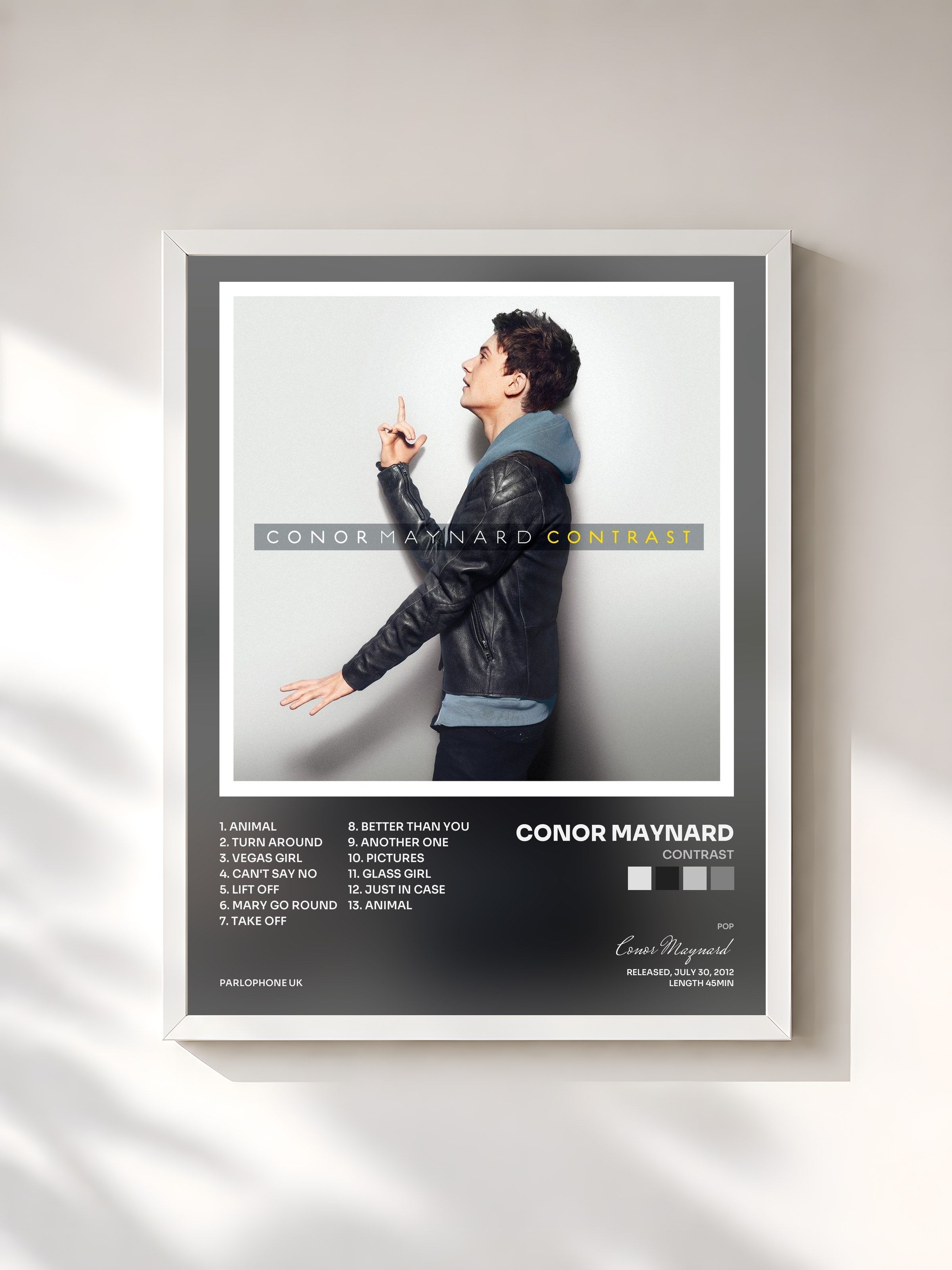 #blanc Tableau de l'album Contrast de Conor Maynard, cadre blanc, imprimé et encadré en France