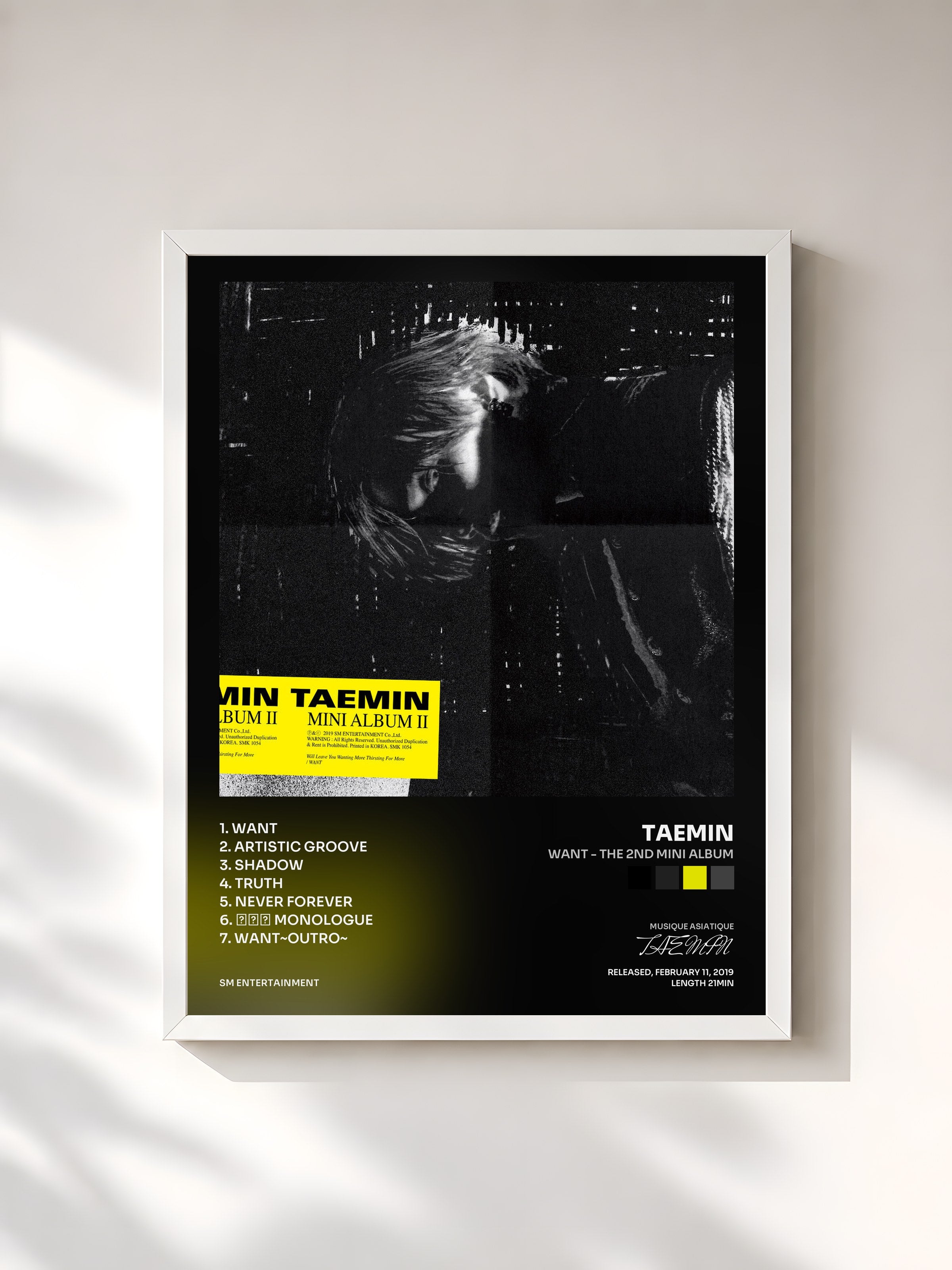 #blanc Tableau de l'album WANT - The 2nd Mini Album de TAEMIN, cadre blanc, imprimé et encadré en France