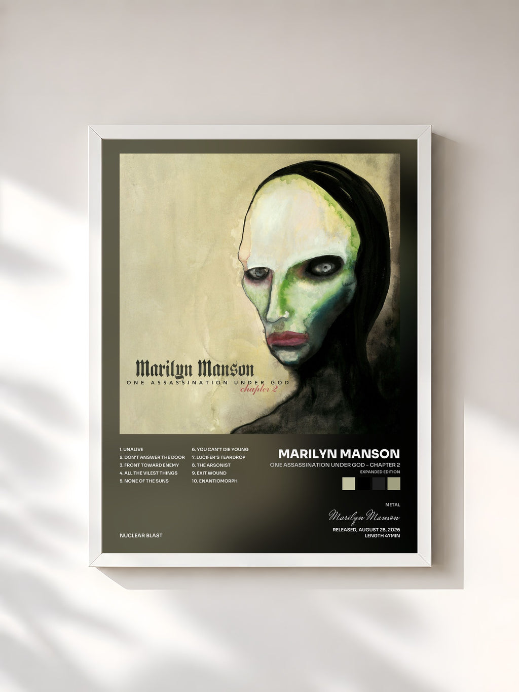 #blanc Tableau de l'album One Assassination Under God - Chapter 2 (Expanded Edition) de Marilyn Manson, cadre blanc, imprimé et encadré en France