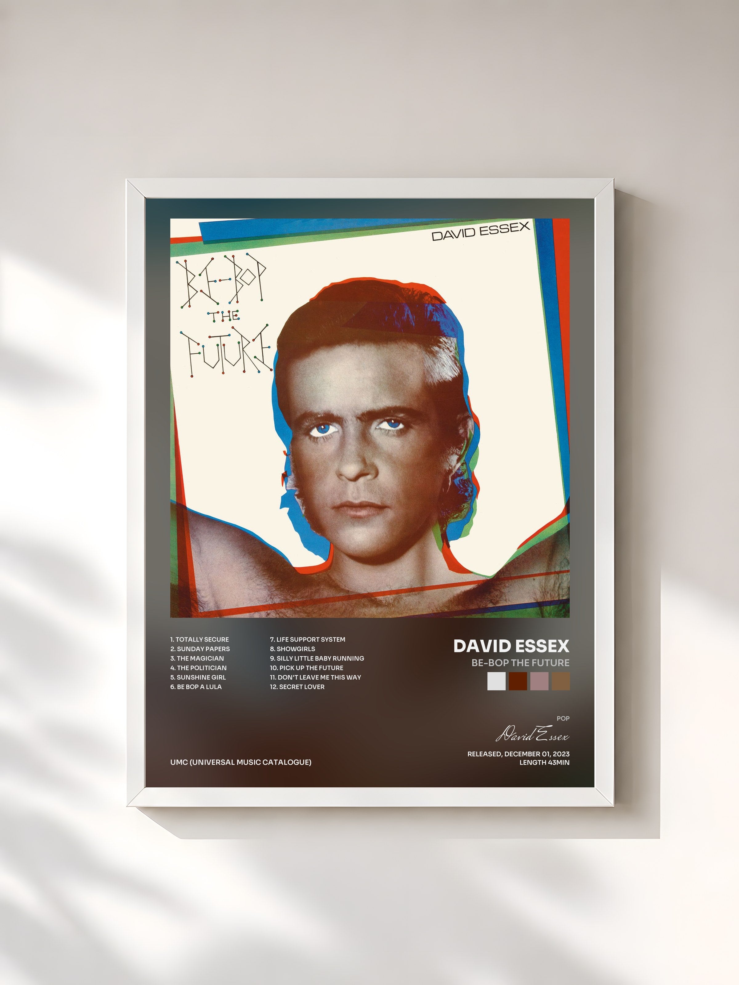 #blanc Tableau de l'album Be-Bop The Future de David Essex, cadre blanc, imprimé et encadré en France