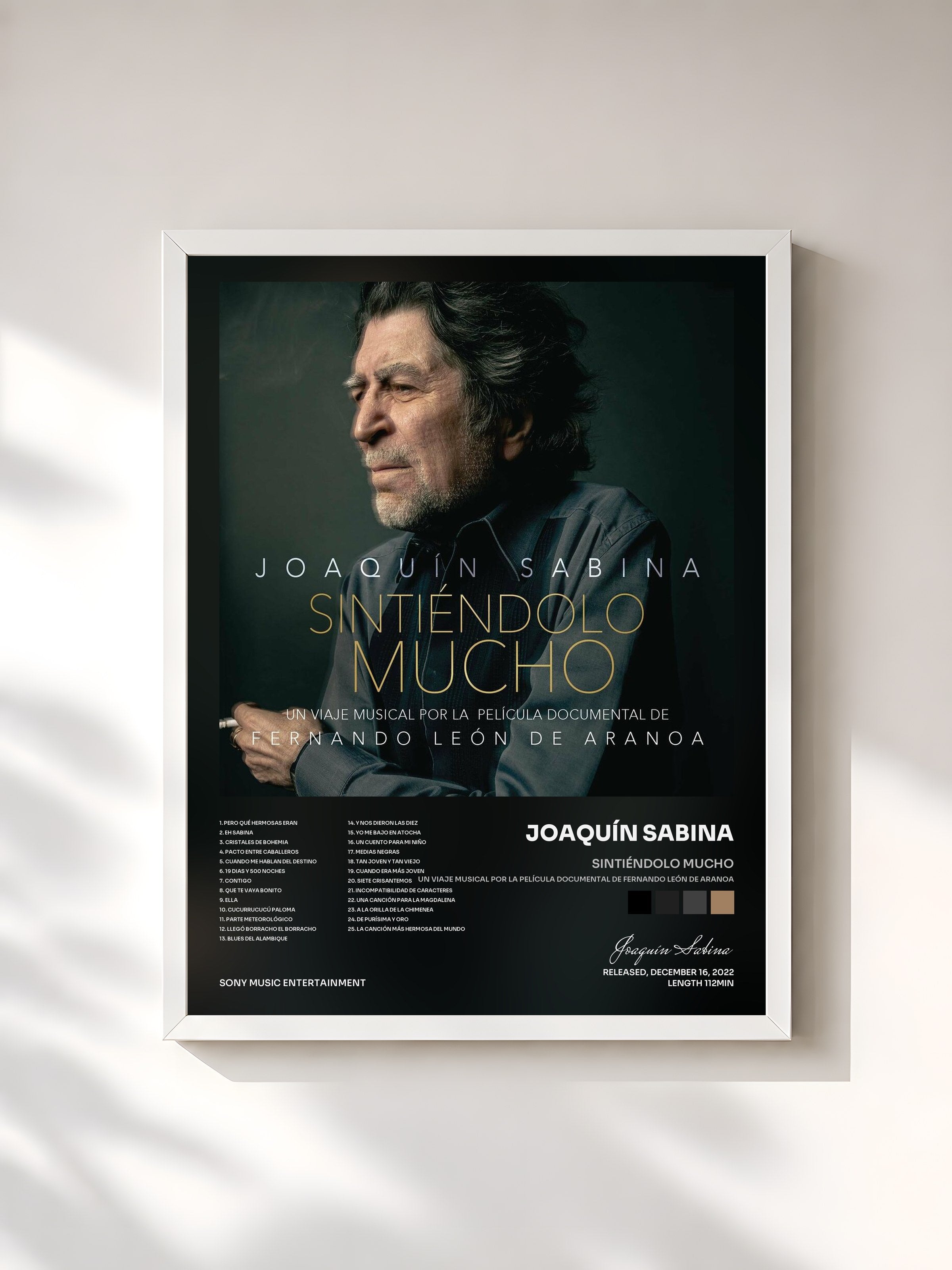 #blanc Tableau de l'album Sintiéndolo Mucho (Un Viaje Musical por la Película Documental de Fernando León de Aranoa) de Joaquín Sabina, cadre blanc, imprimé et encadré en France