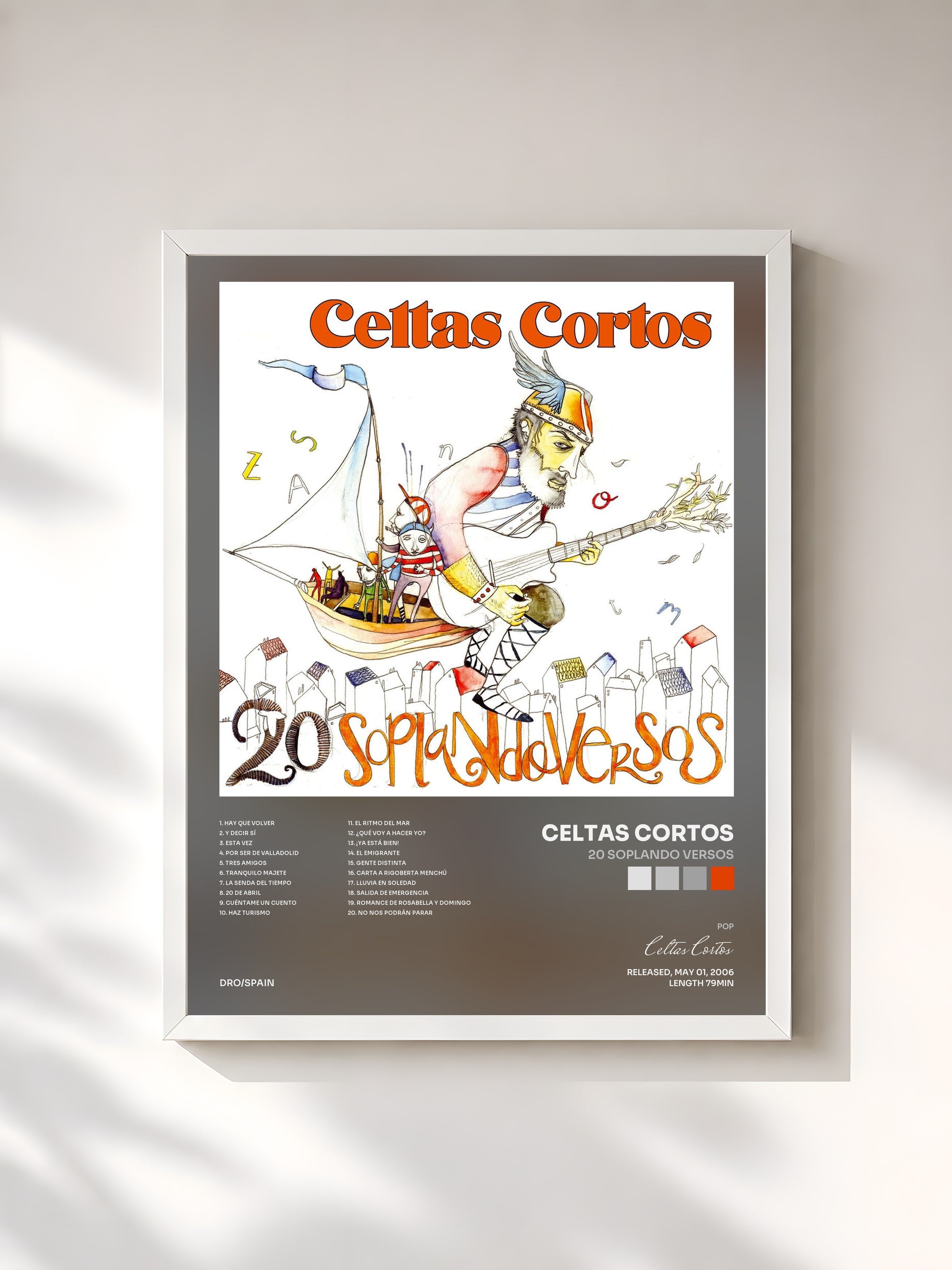 #blanc Tableau de l'album 20 soplando versos de Celtas Cortos, cadre blanc, imprimé et encadré en France