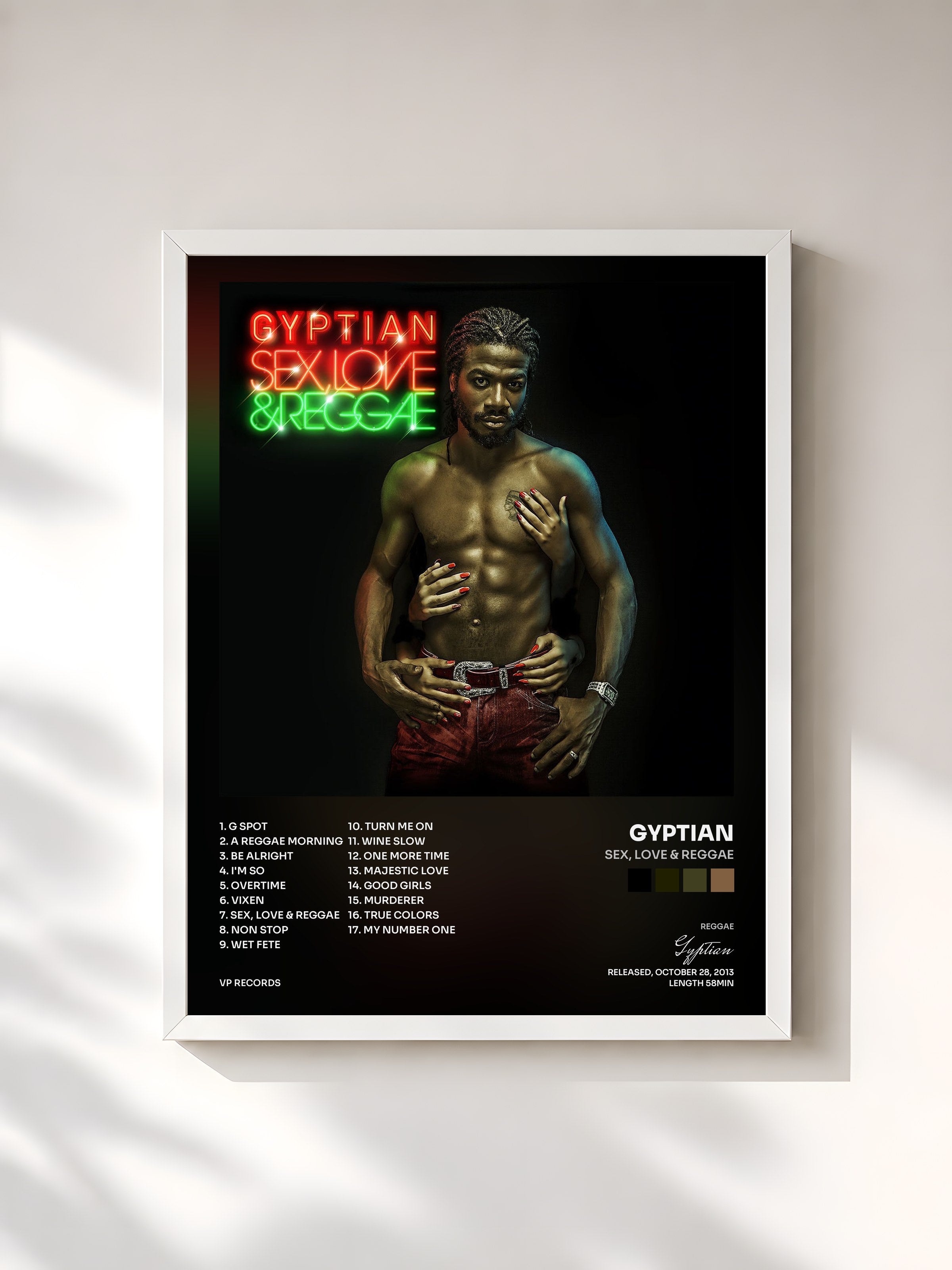 #blanc Tableau de l'album Sex, Love & Reggae de Gyptian, cadre blanc, imprimé et encadré en France