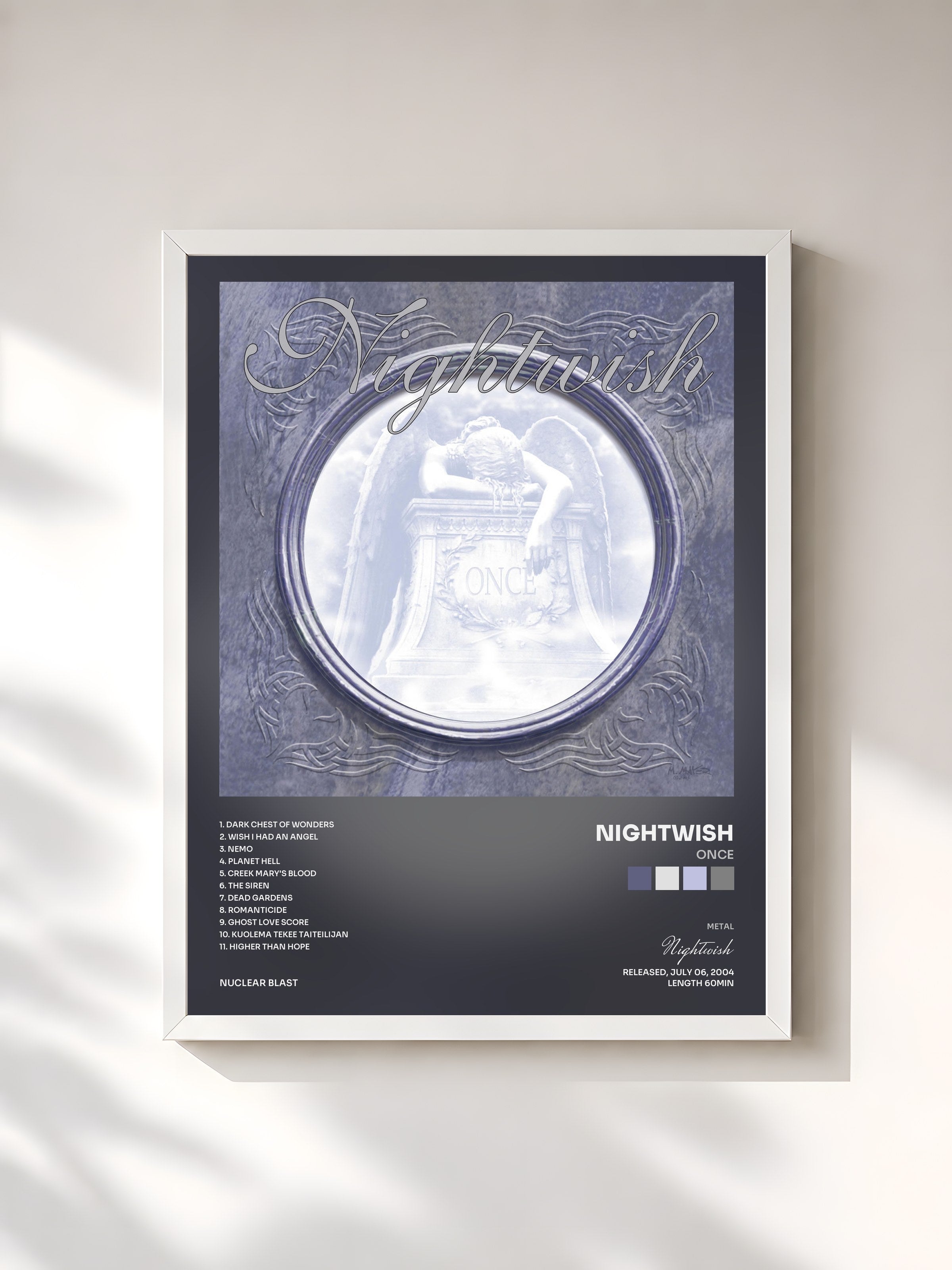 #blanc Tableau de l'album Once de Nightwish, cadre blanc, imprimé et encadré en France