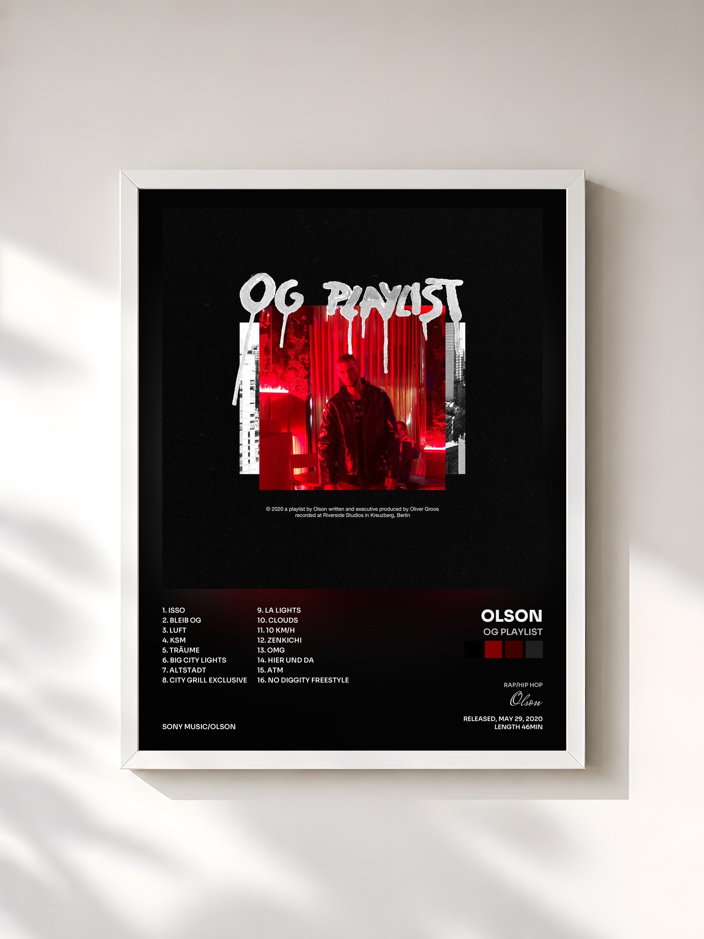 #blanc Tableau de l'album OG Playlist de Olson, cadre blanc, imprimé et encadré en France