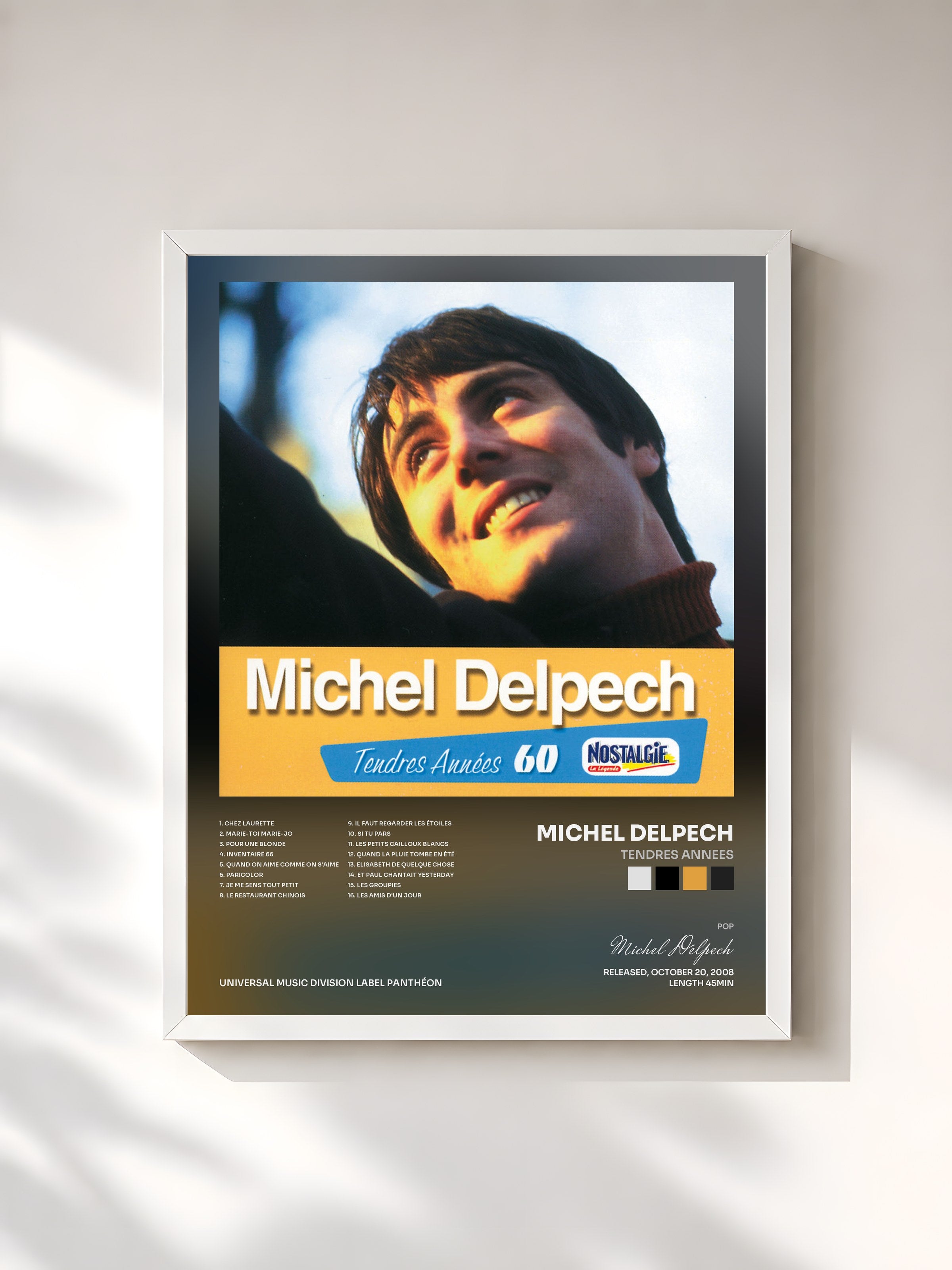 #blanc Tableau de l'album Tendres Annees de Michel Delpech, cadre blanc, imprimé et encadré en France